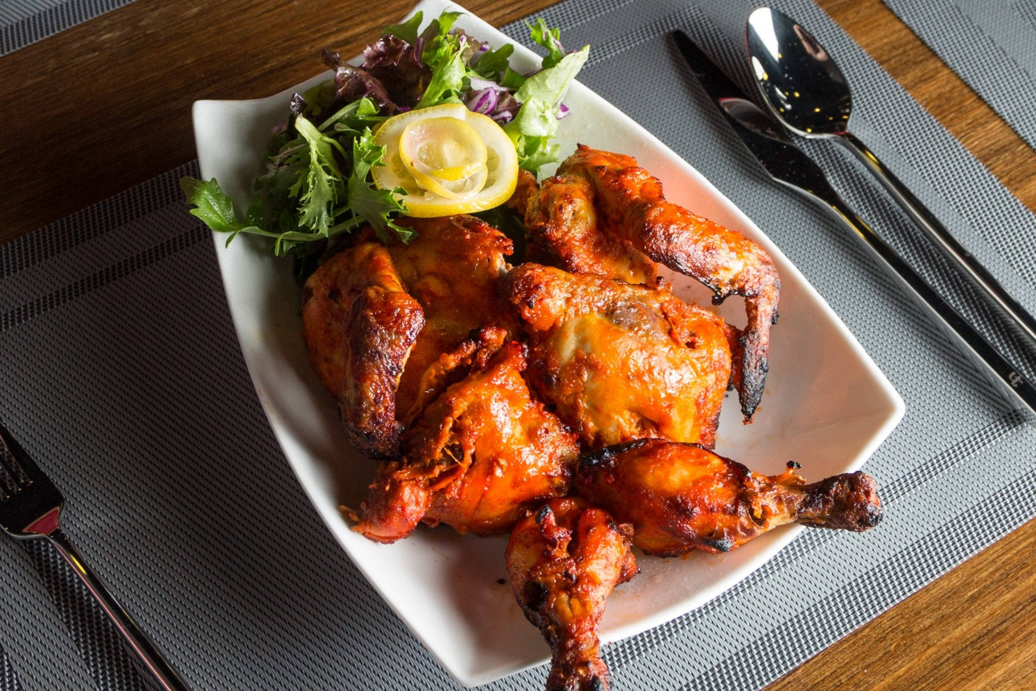 whole tandoori chicken, glossy glazed chicken wings, fresh greens, Full HD Desktop Wallpaper