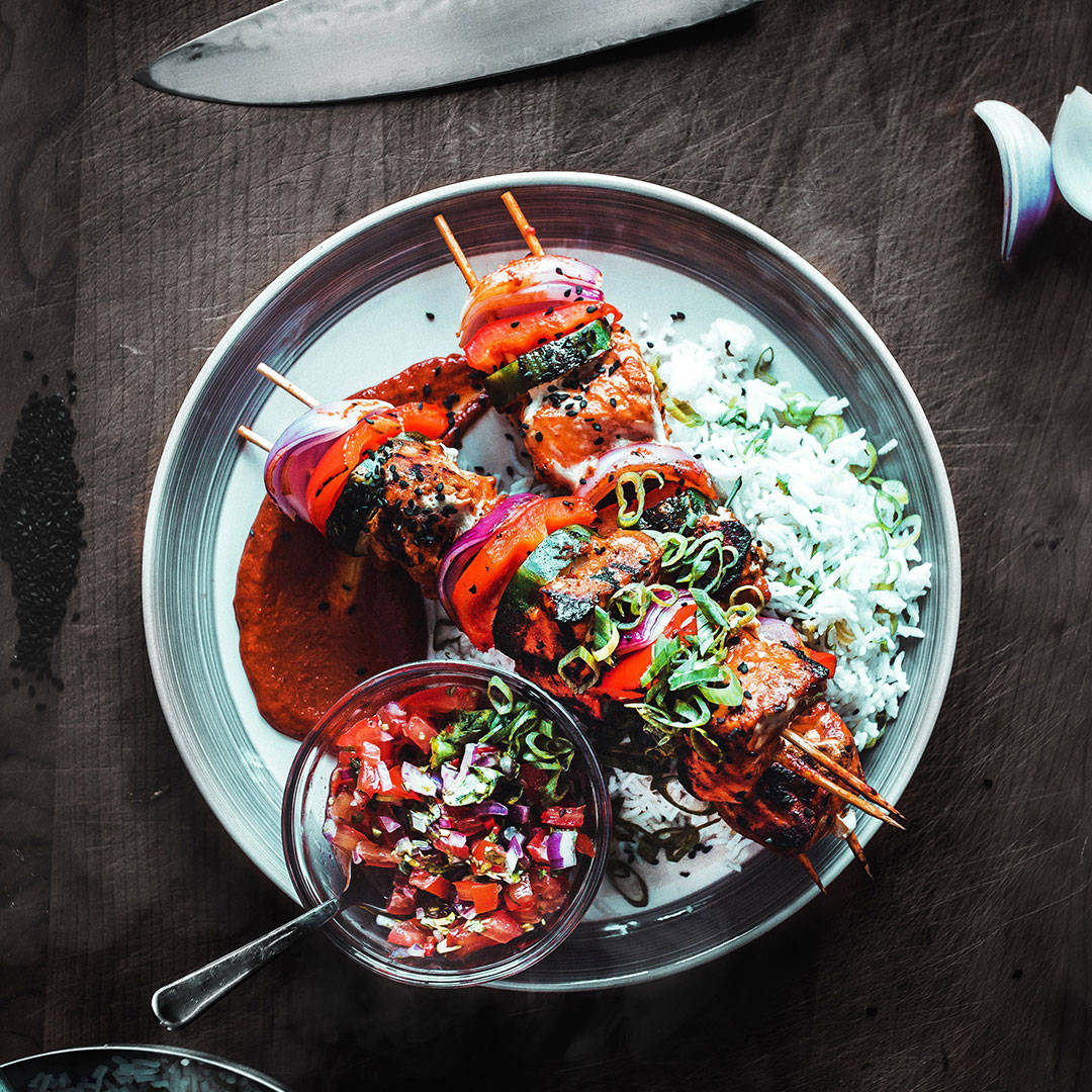Tandoori Chicken Kebab, grilled meat and vegetable skewers, rice, SD Desktop Wallpaper