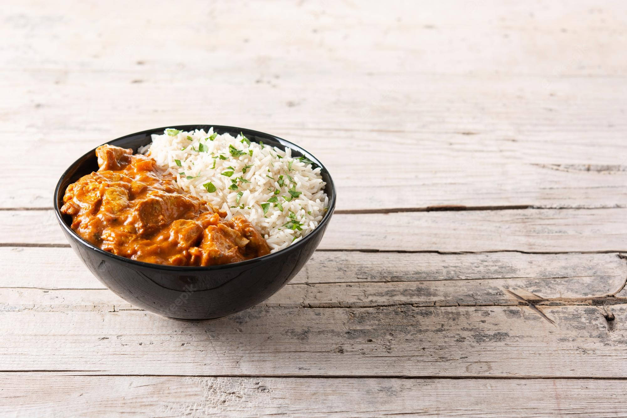 black bowl, rich orange curry, white rice, Full HD Desktop Wallpaper