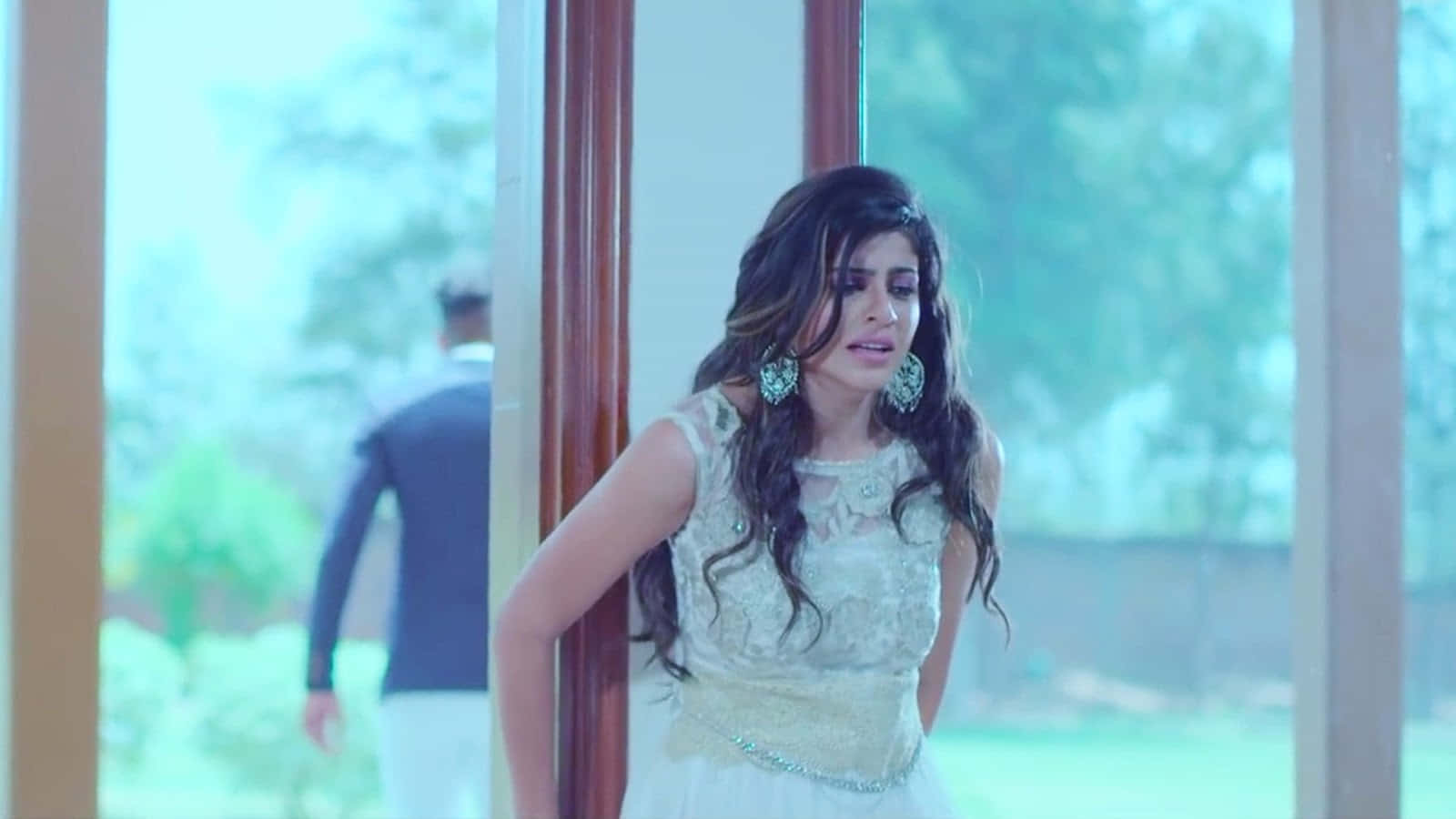 Indian Actress, white lace dress, doorway, HD Desktop Wallpaper