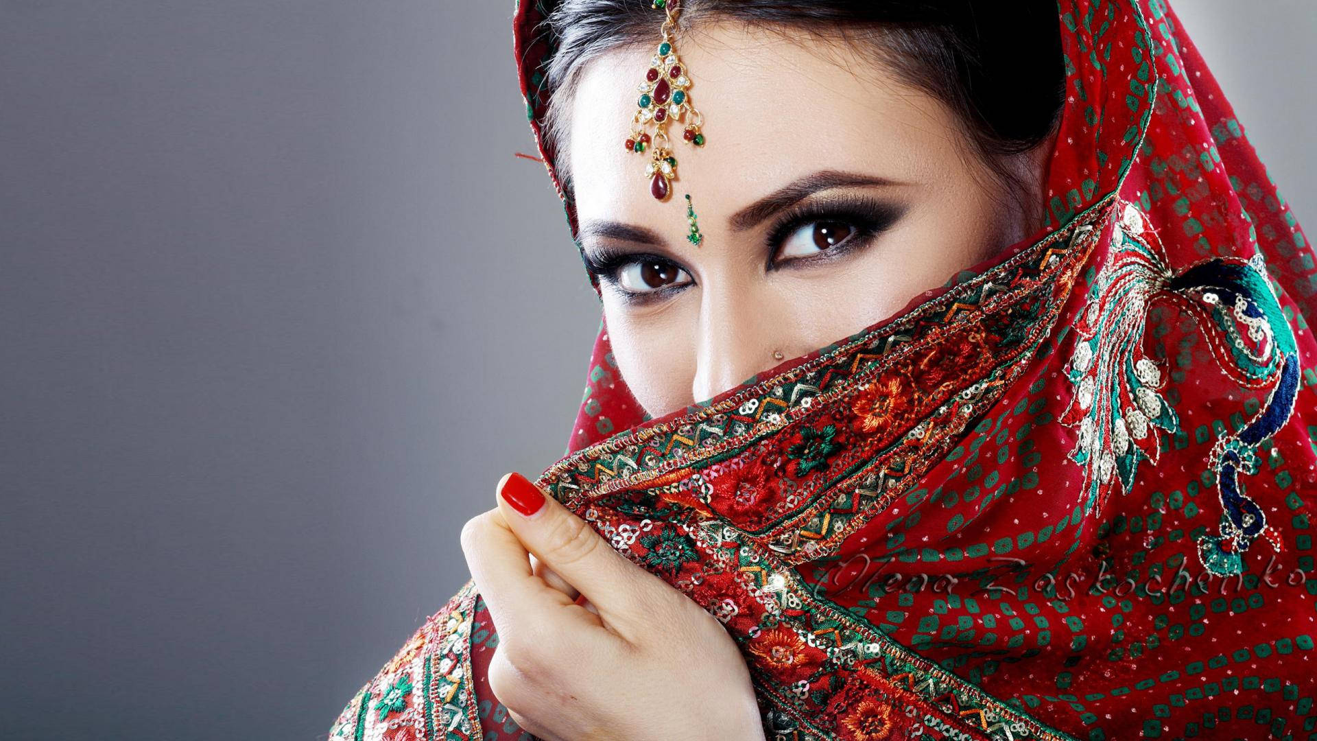 Indian Girl, red veil, intricate green patterns, Full HD Desktop Wallpaper