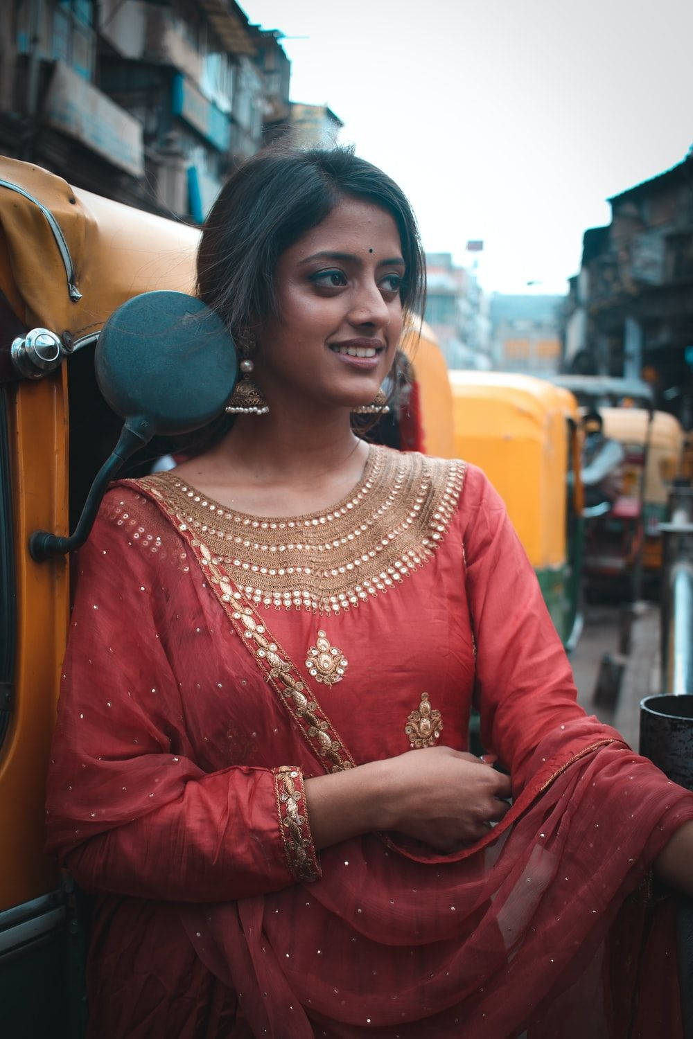 Indian Girl, red embroidered outfit, yellow auto-rickshaw, HD Phone Wallpaper
