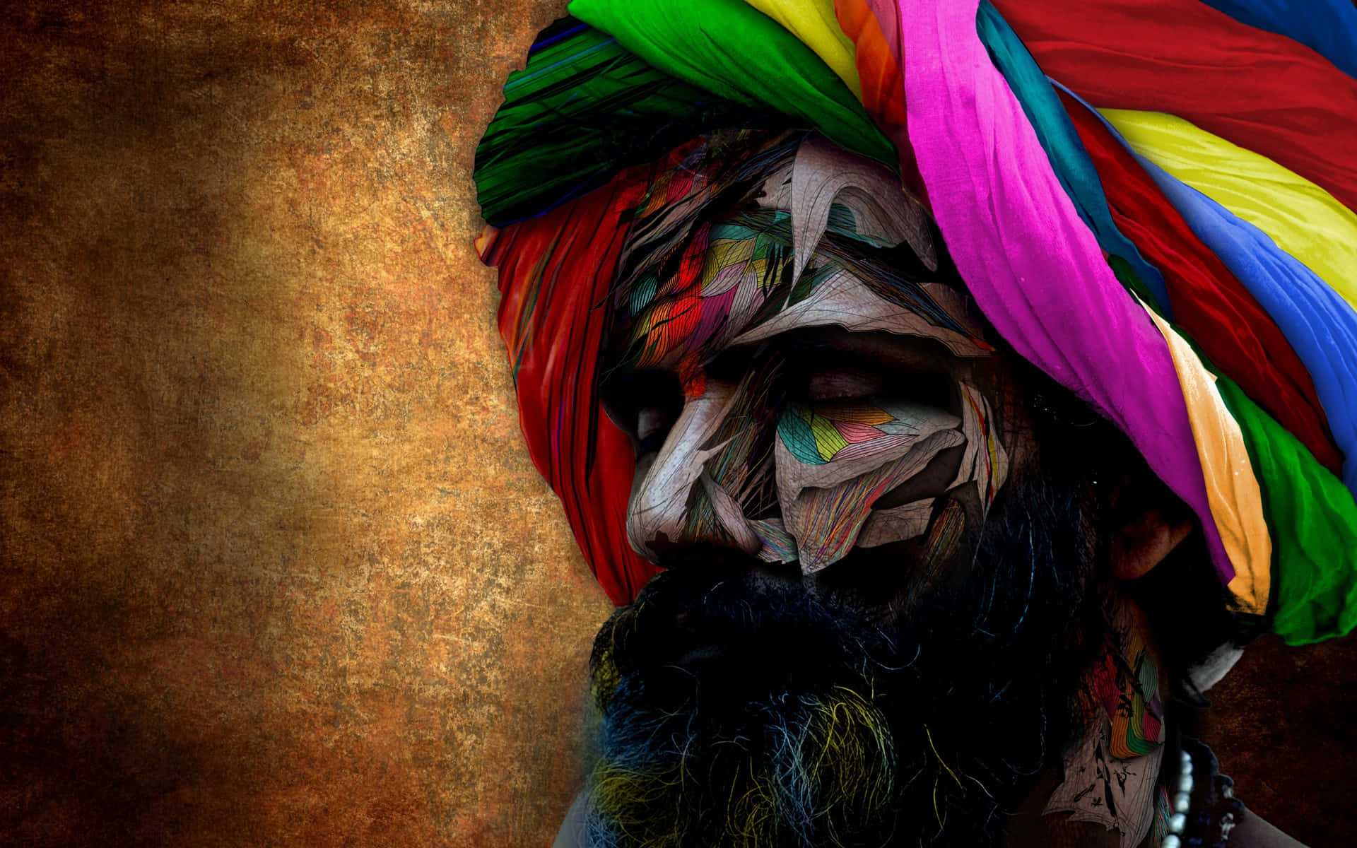 multicolored abstract bearded Indian guy, vibrant multicolored turban, intricate patterns, Full HD Desktop Wallpaper