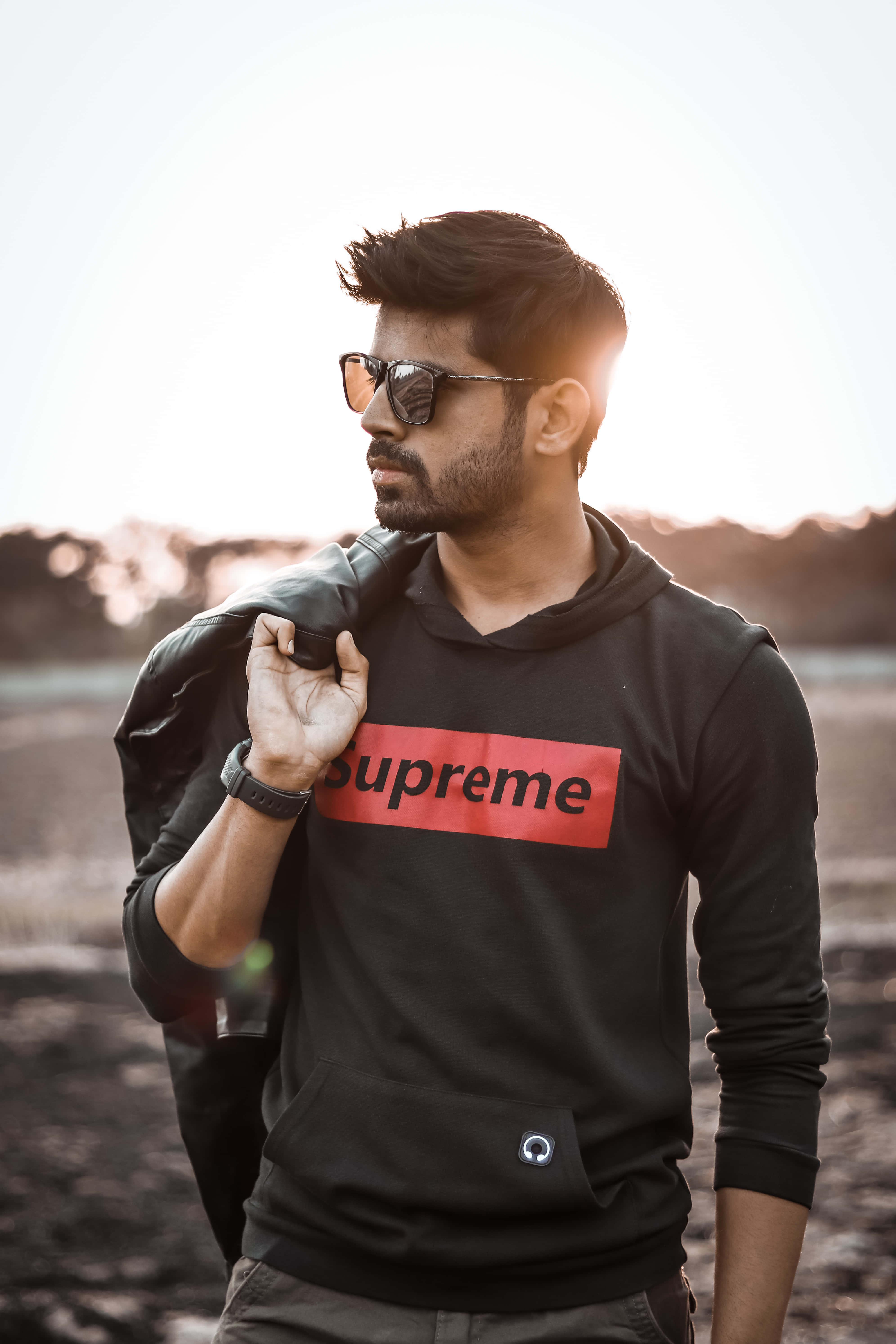 Indian Guy, black Supreme hoodie, sunglasses, 5K Phone Wallpaper