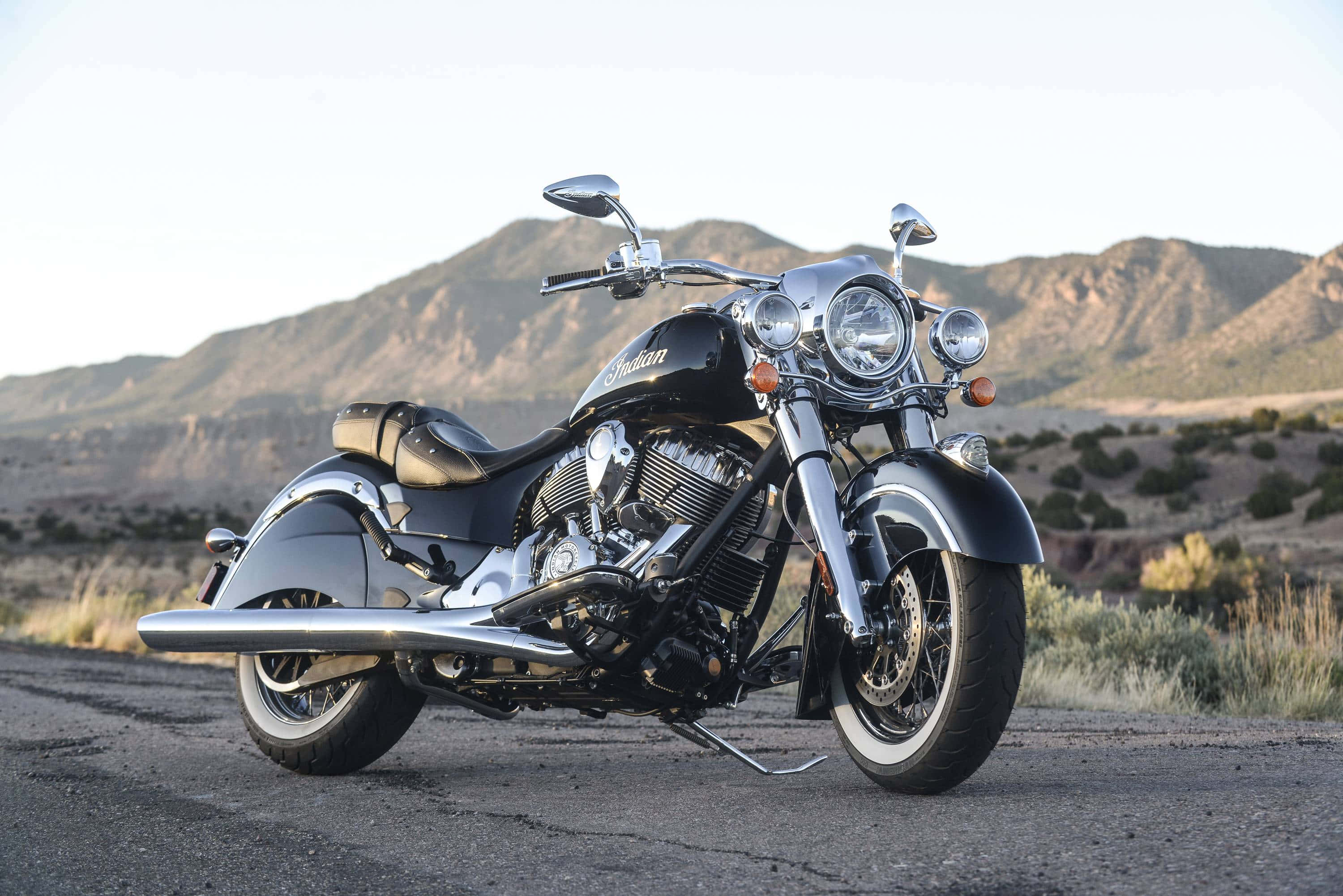 Indian Motorcycle, black, desert road, 2K Desktop Wallpaper