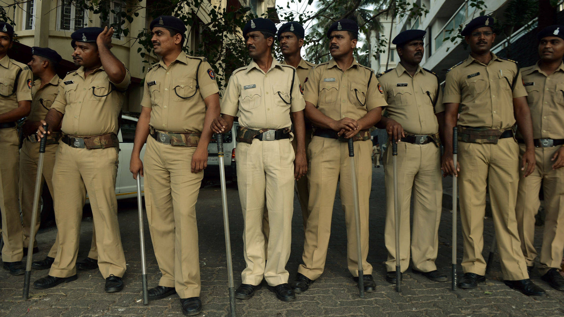 Indian Police, batons, paved street, Full HD Desktop Wallpaper