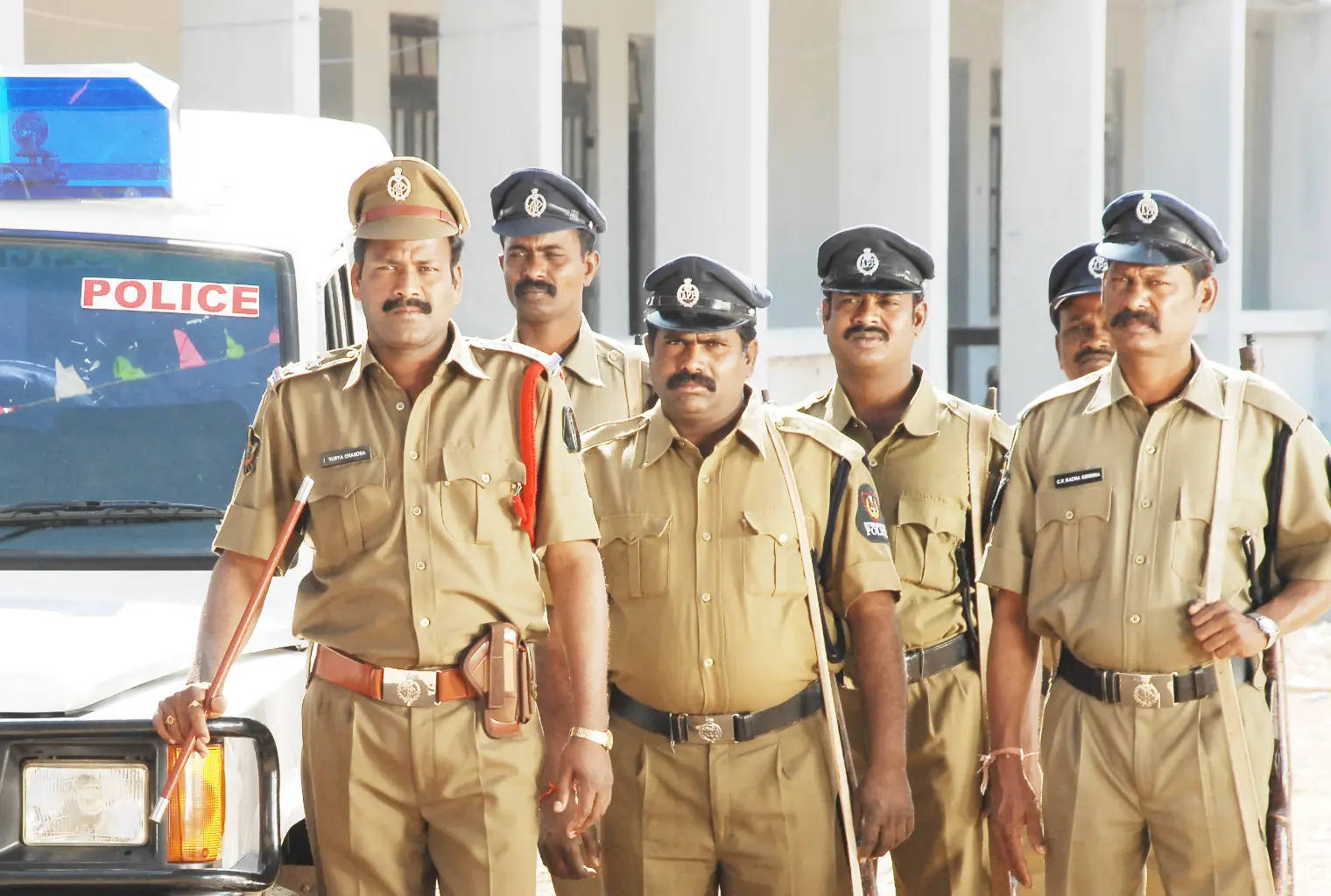 Indian Police, khaki uniforms, white police vehicle, HD Desktop Wallpaper