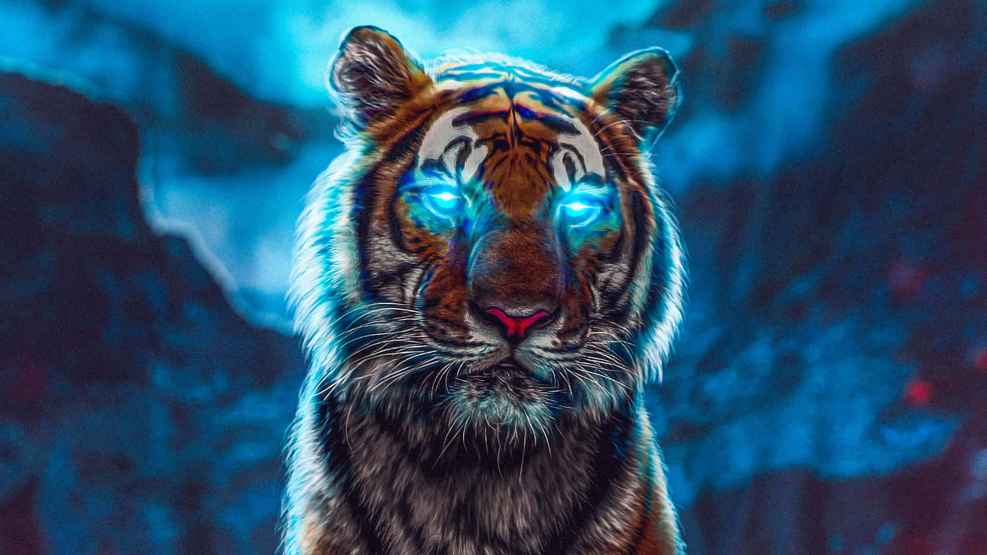 Indian Tiger, glowing blue eyes, dark blue smoky background, Full HD Desktop Wallpaper