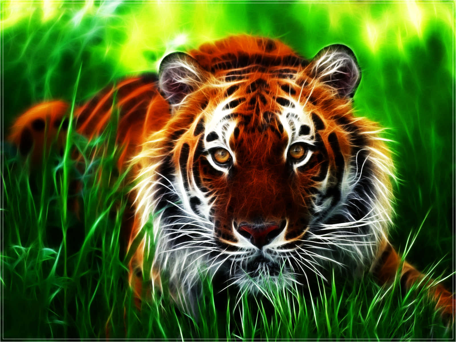 Indian Tiger, glowing eyes, vibrant green grass, HD Desktop Wallpaper