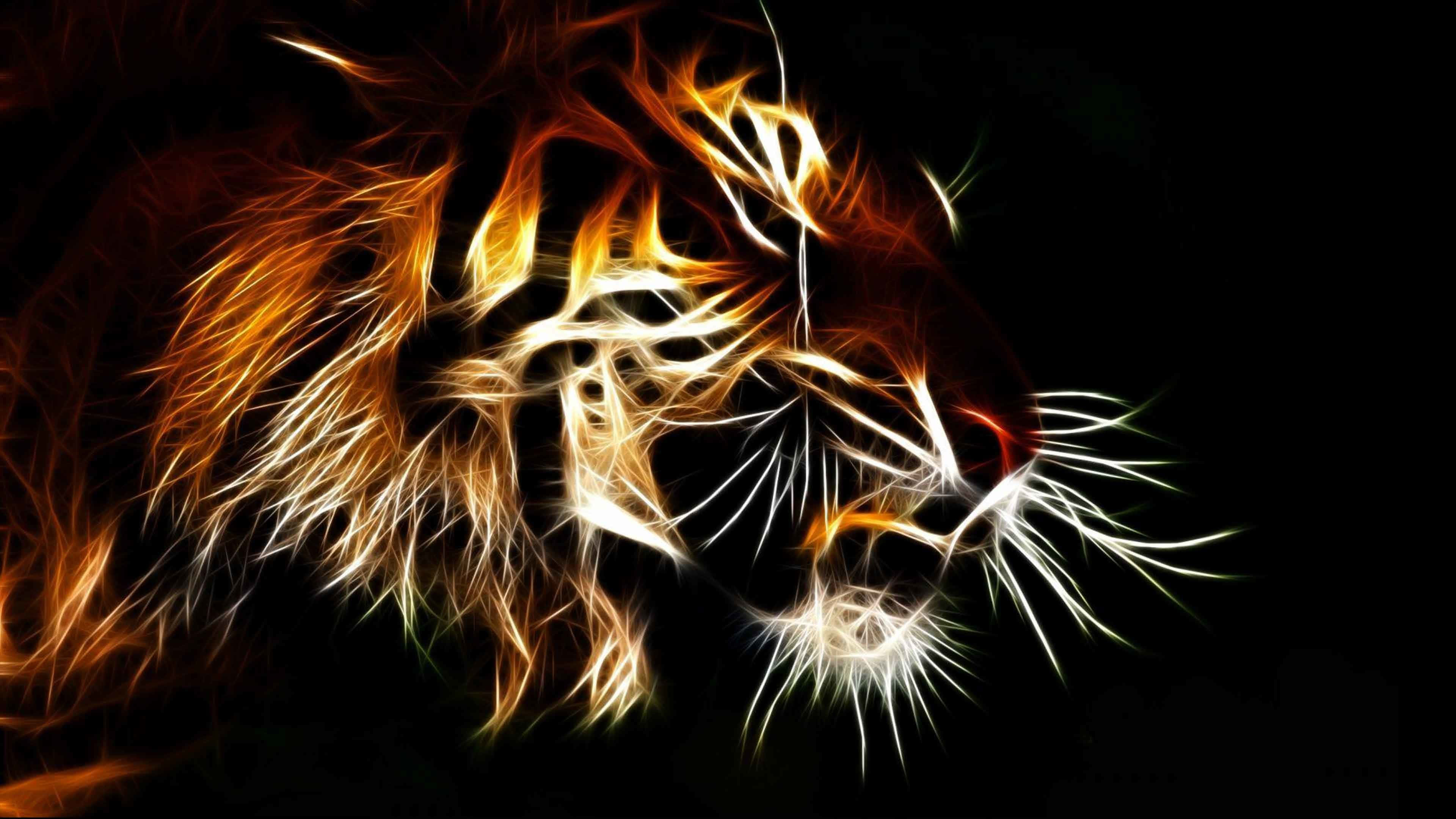Indian Tiger, glowing, fractal lines, 4K Desktop Wallpaper