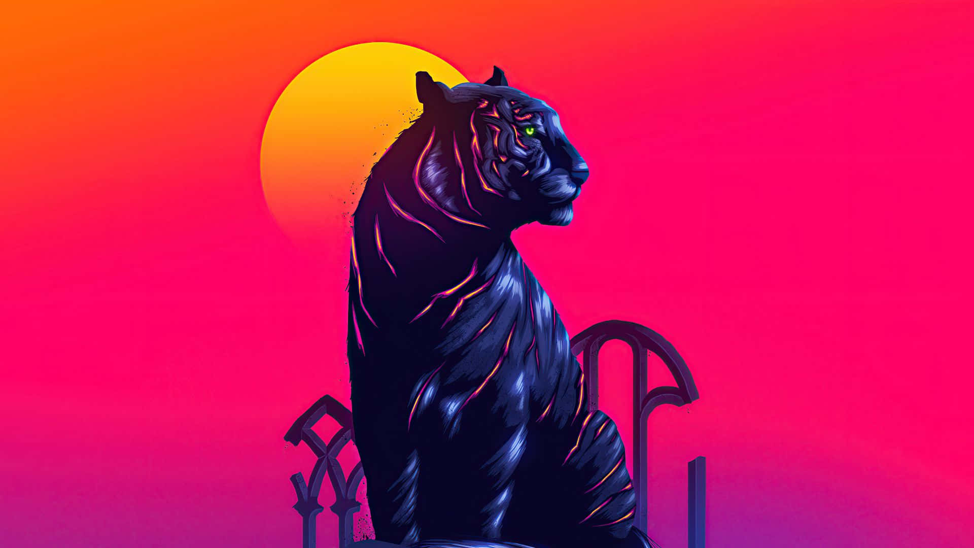 Indian Tiger, glowing green eyes, vibrant sunset gradient, Full HD Desktop Wallpaper