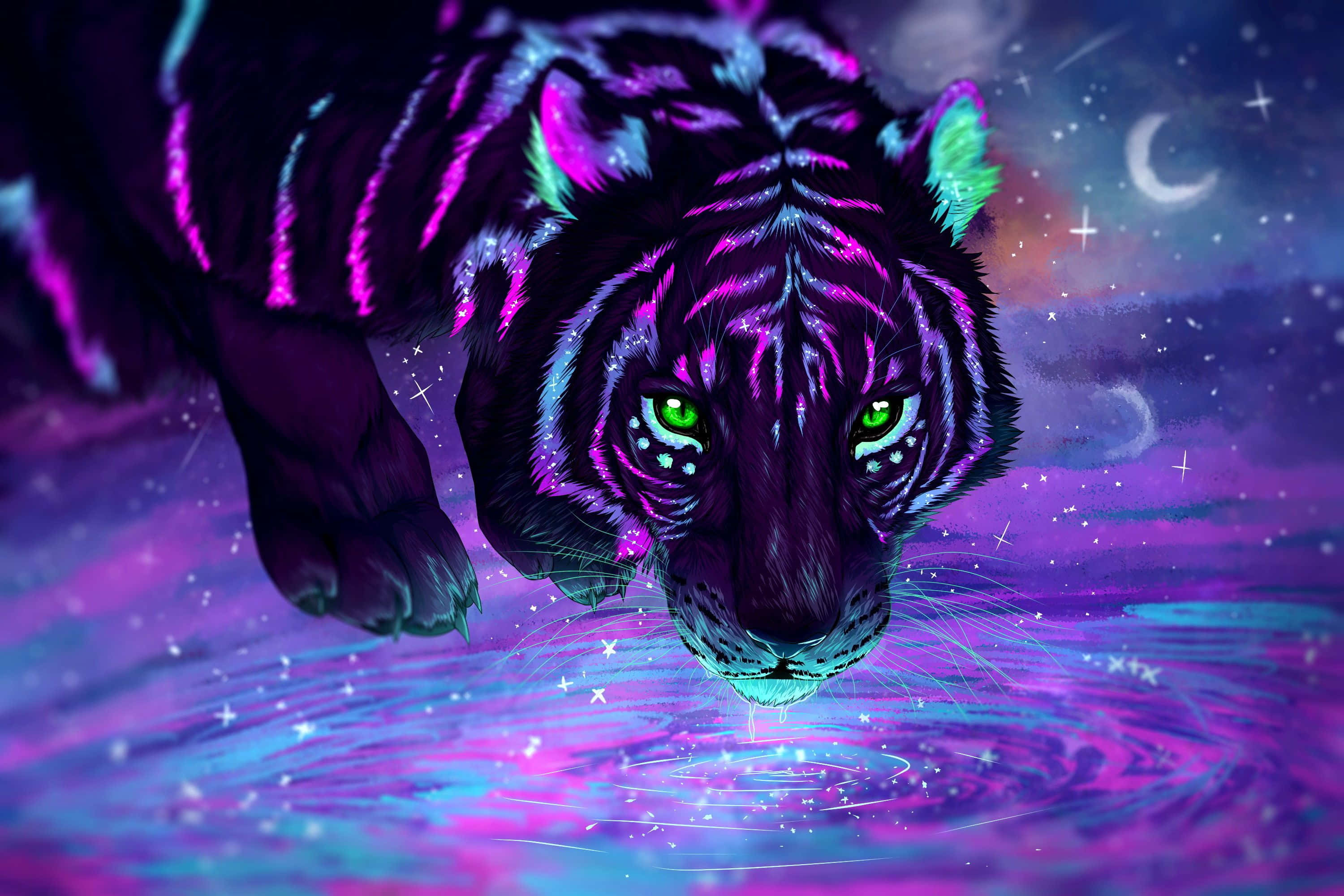 Indian Tiger, neon light, glowing green eyes, 2K Desktop Wallpaper
