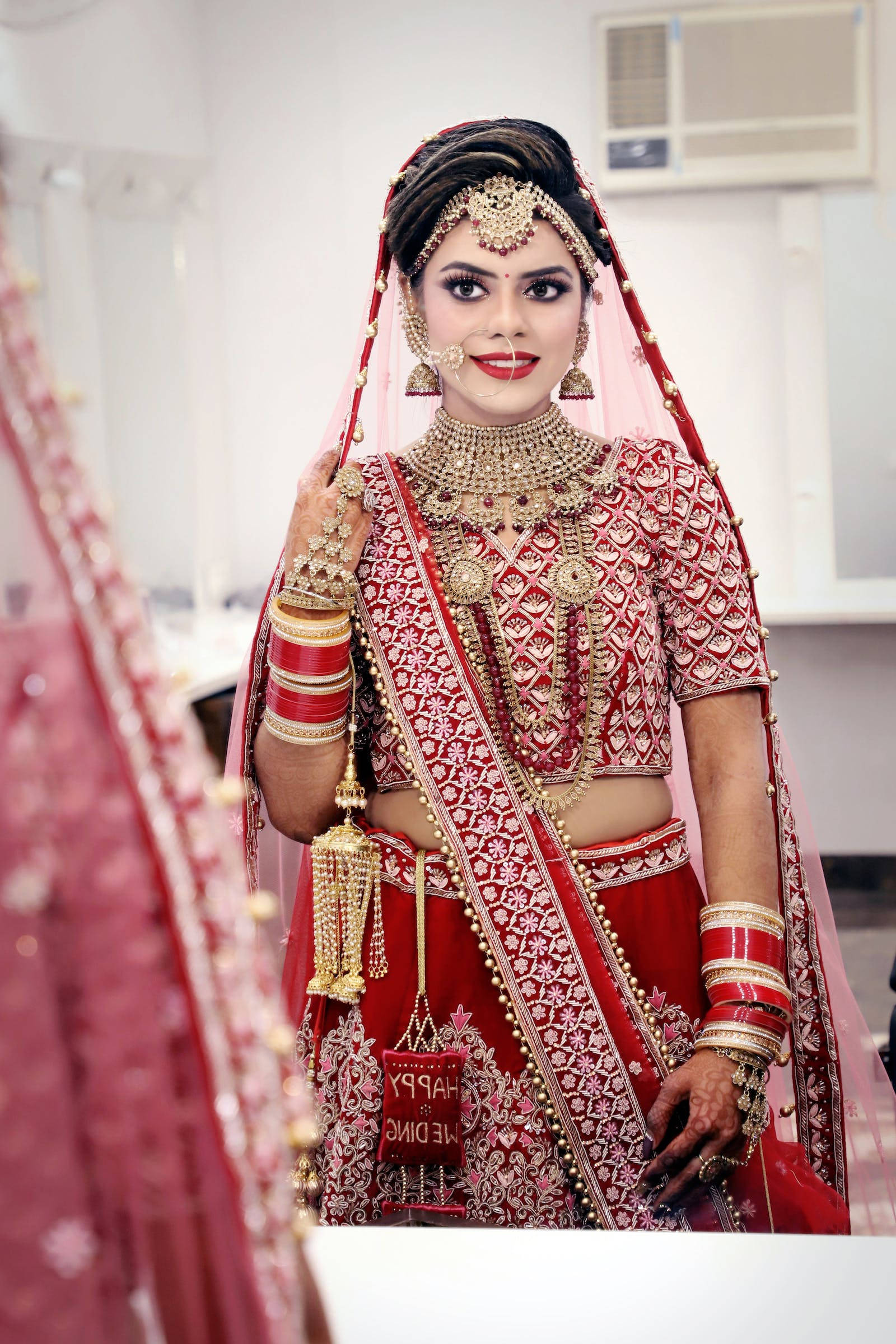 woman, sari dress, red and gold, Full HD Phone Wallpaper