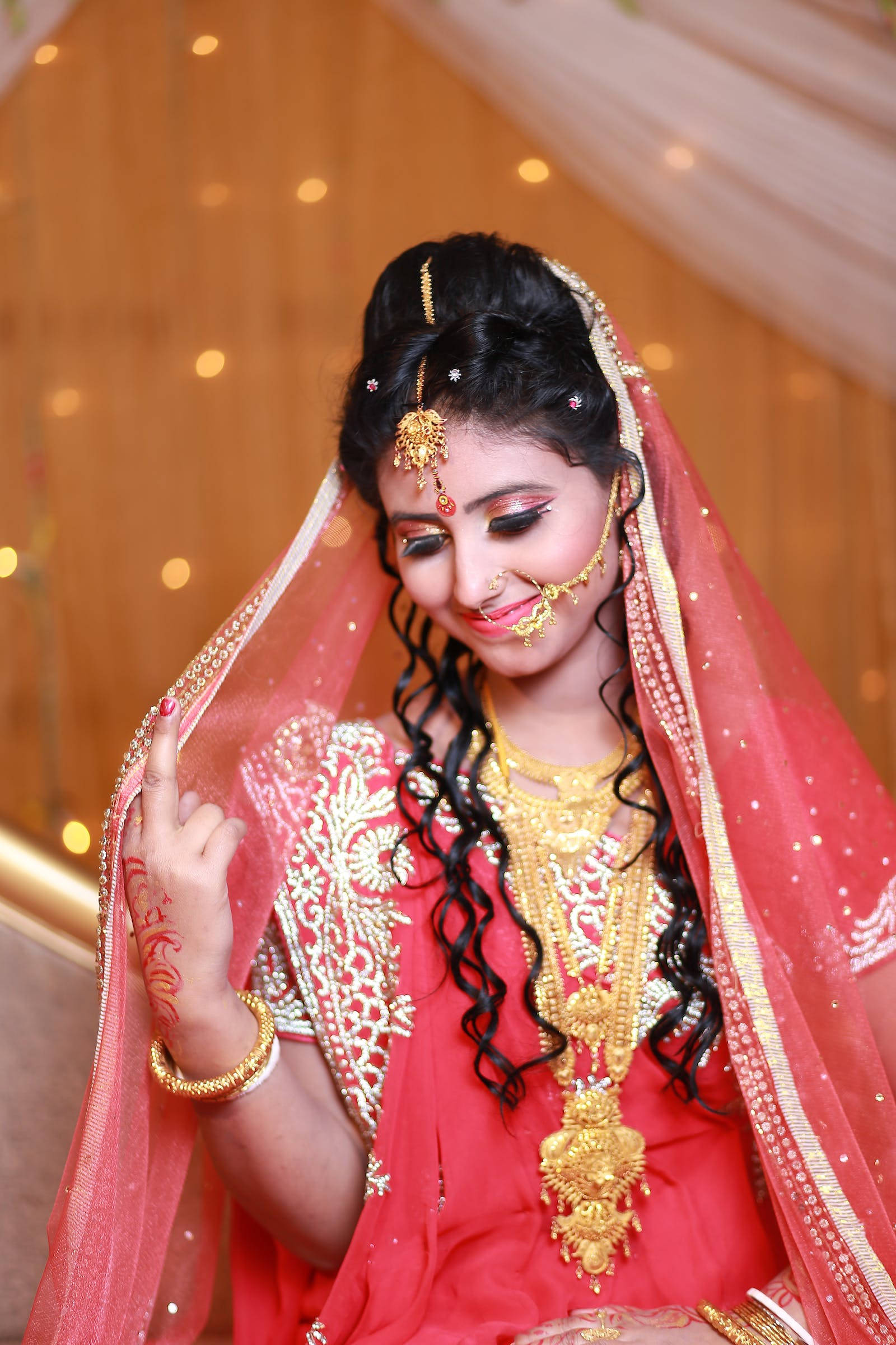 bride, pink sari, red and gold traditional outfit, Full HD Phone Wallpaper