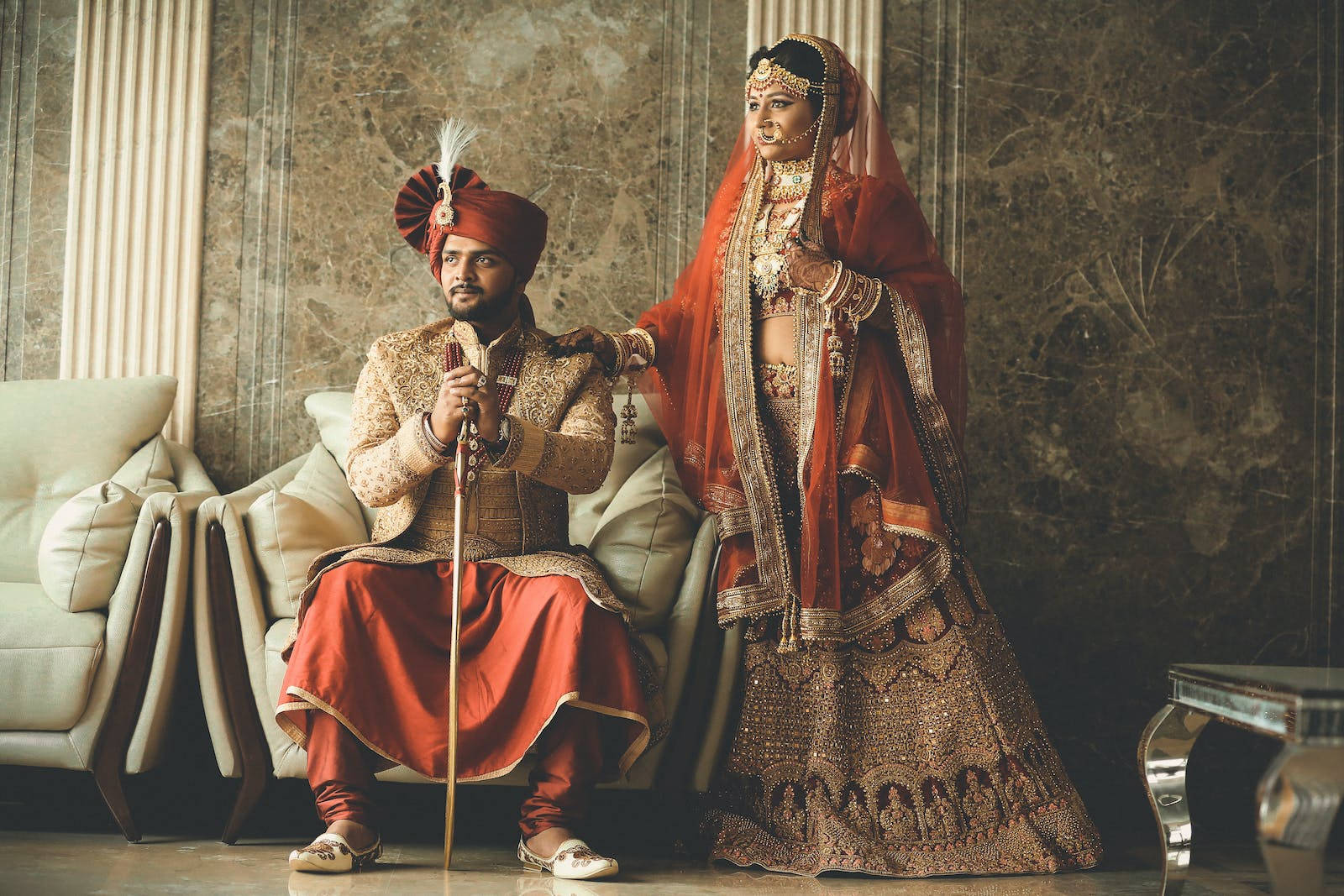 Indian couple, traditional wedding attire, marble wall, HD Desktop Wallpaper