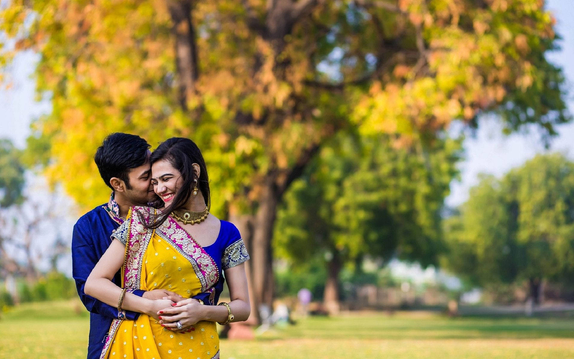 Indian wedding, traditional Indian attire, golden autumn trees, Full HD Desktop Wallpaper