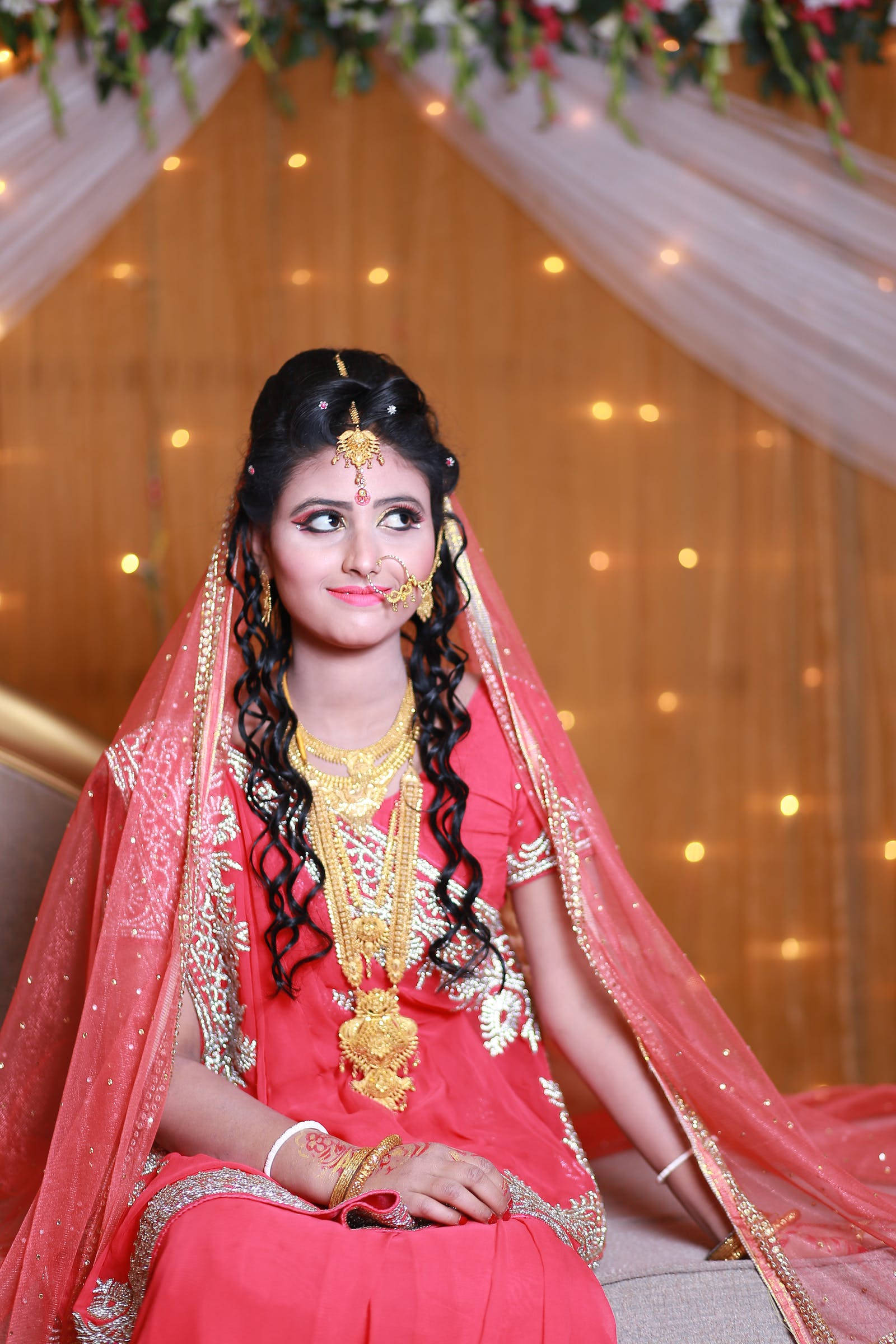 Indian Wedding, pink sari, gold necklace, Full HD Phone Wallpaper