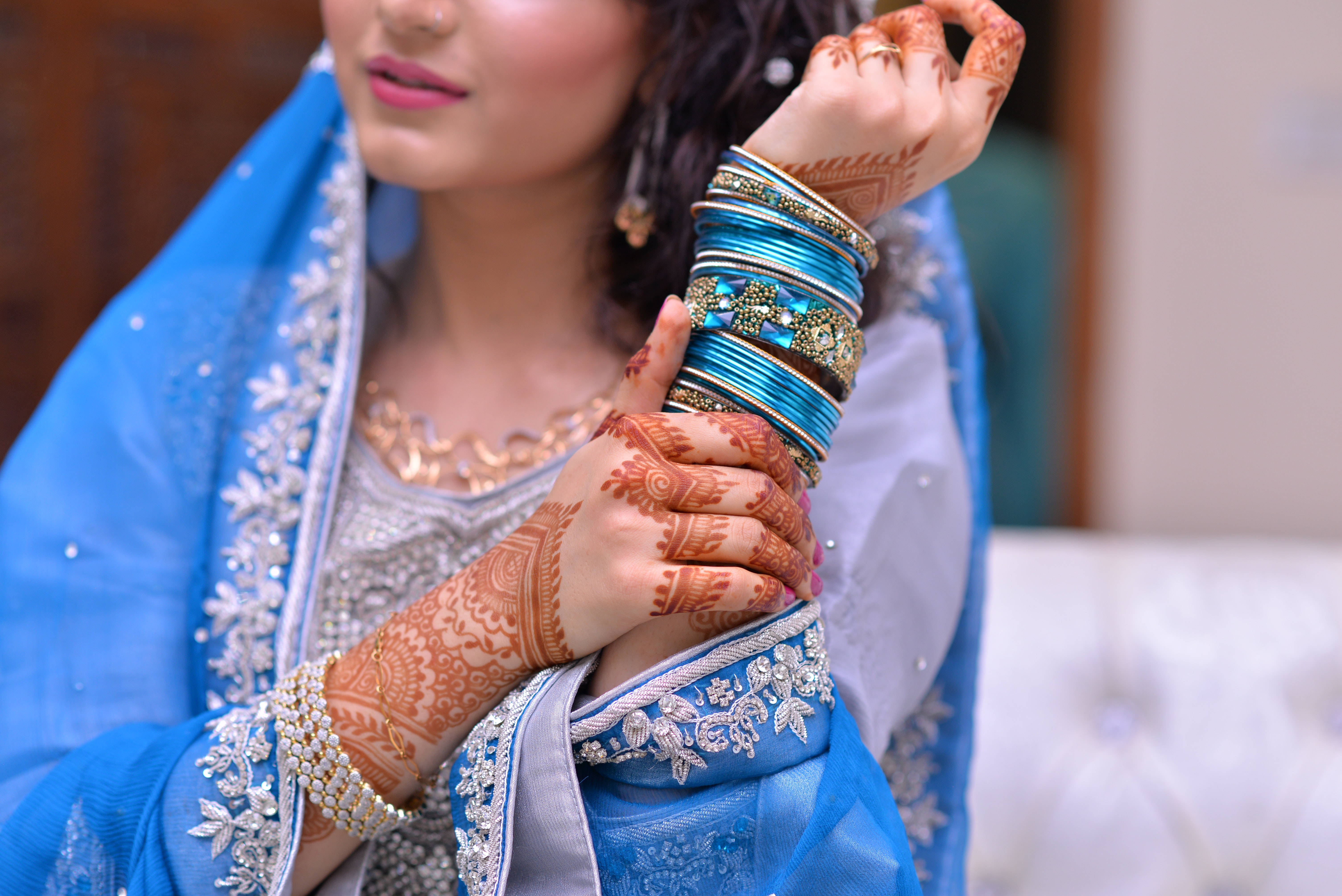 blue bridal dress, blue embroidered outfit, intricate henna designs, 5K Desktop Wallpaper