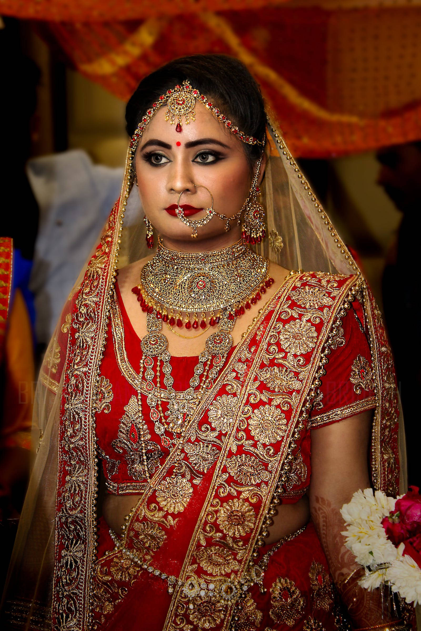 red sari, gold jewelry, ornate traditional attire, Full HD Phone Wallpaper