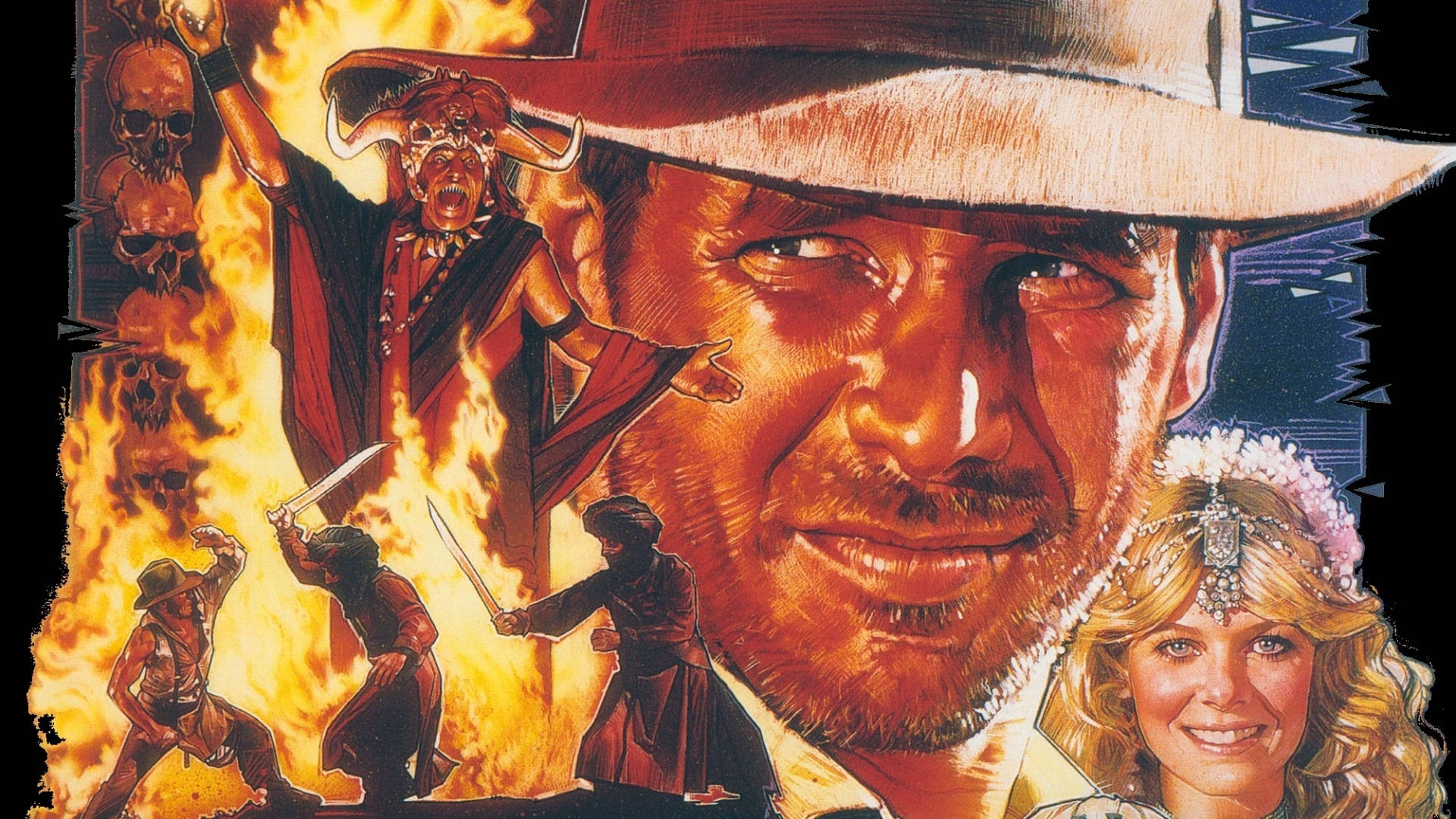 Indiana Jones, fedora, fiery temple scene, Full HD Desktop Wallpaper