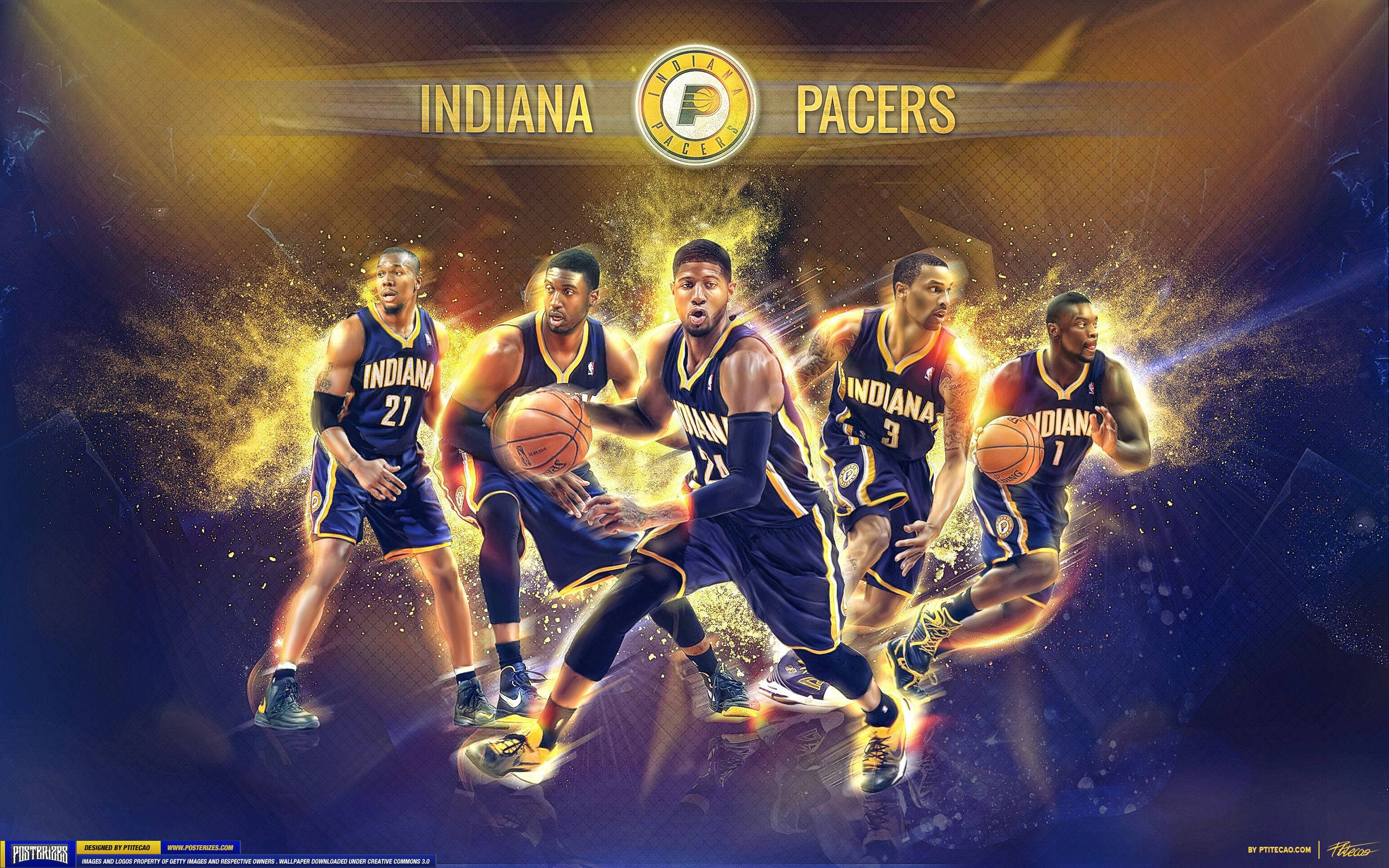 Indiana Pacers, golden energy bursts, dark cosmic background, 2K Desktop Wallpaper