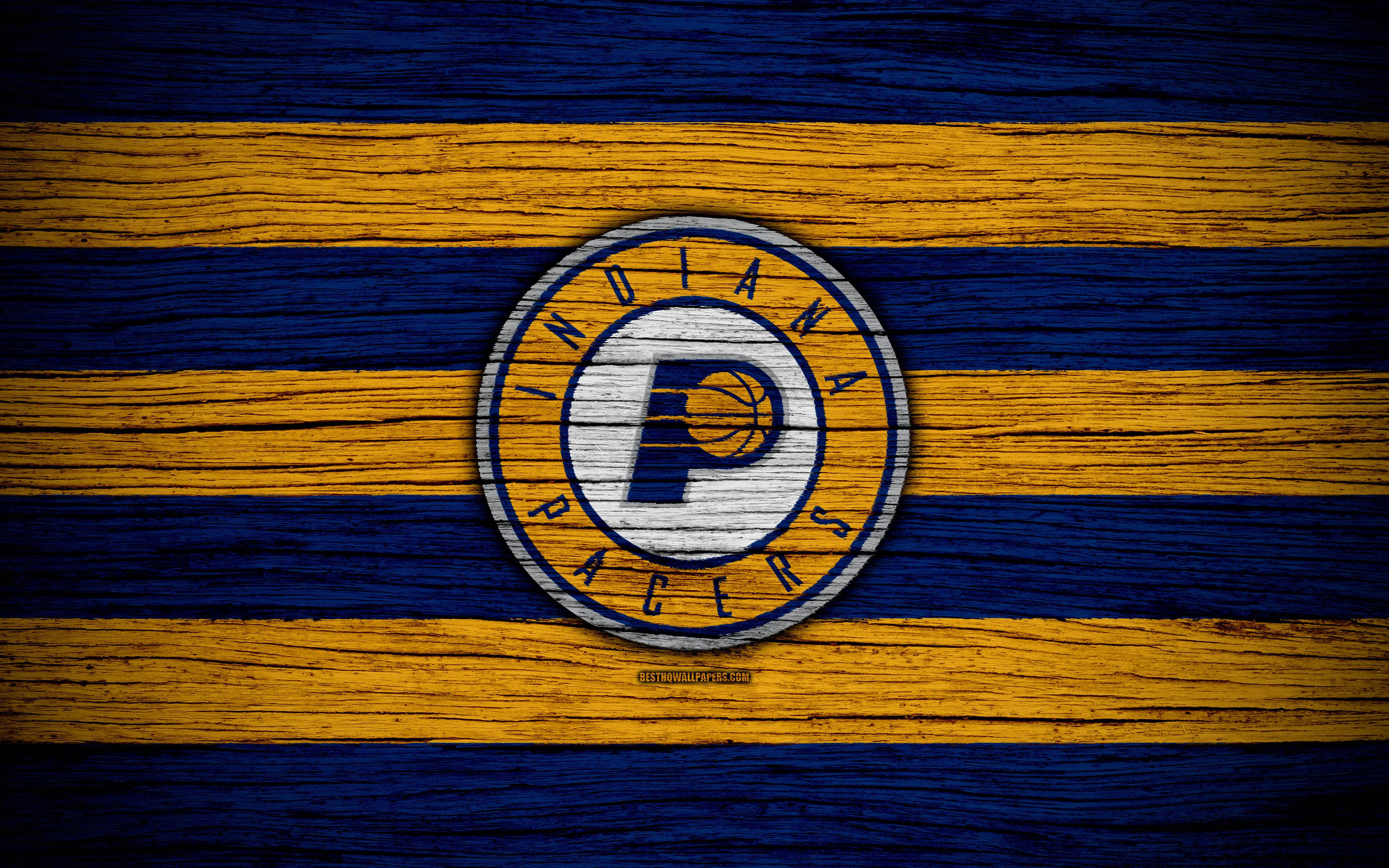 Indiana Pacers, wood team logo, weathered blue and gold, 4K Desktop Wallpaper