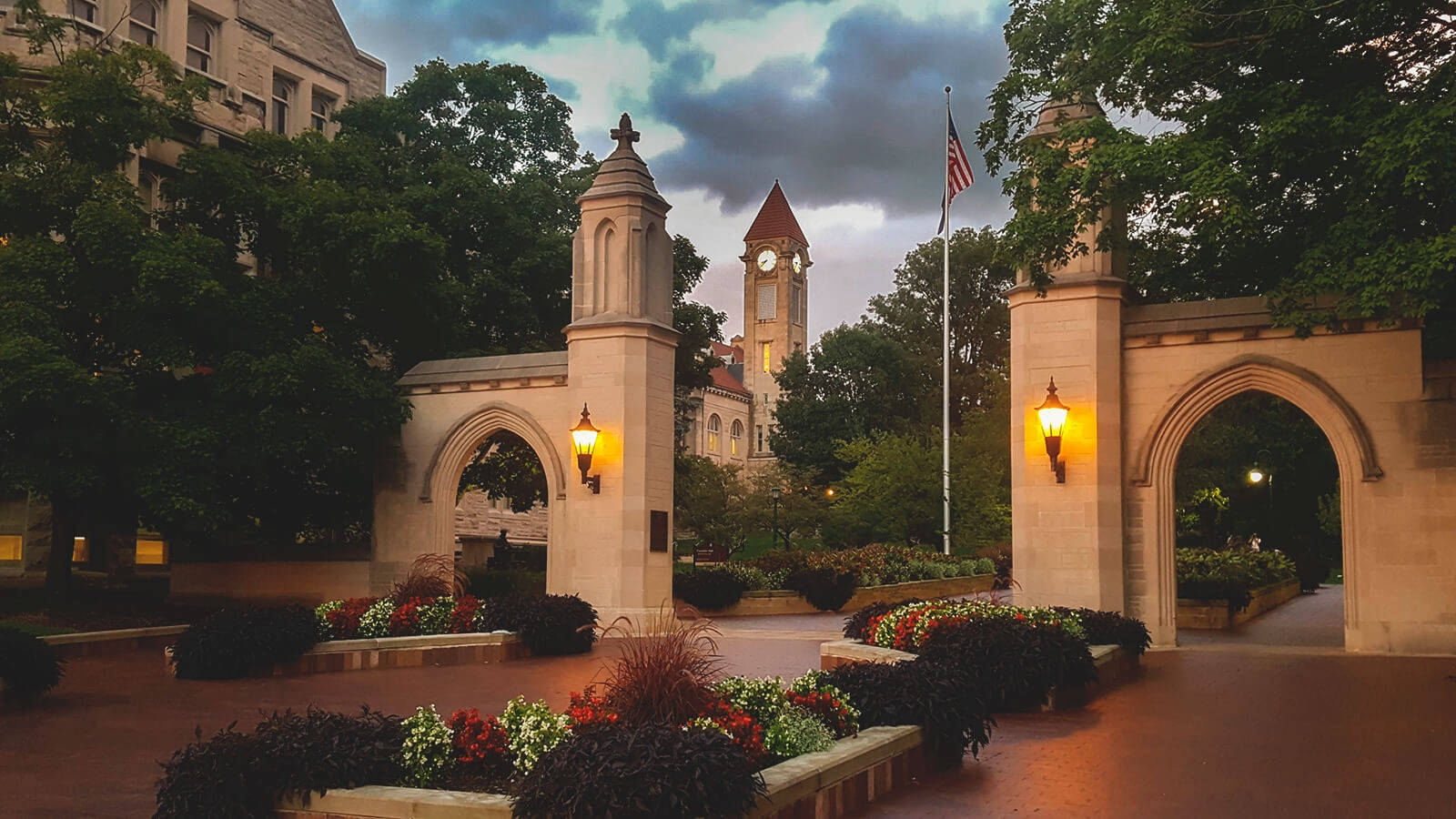 Indiana University Bloomington, evening gates, stone archway, HD Desktop Wallpaper