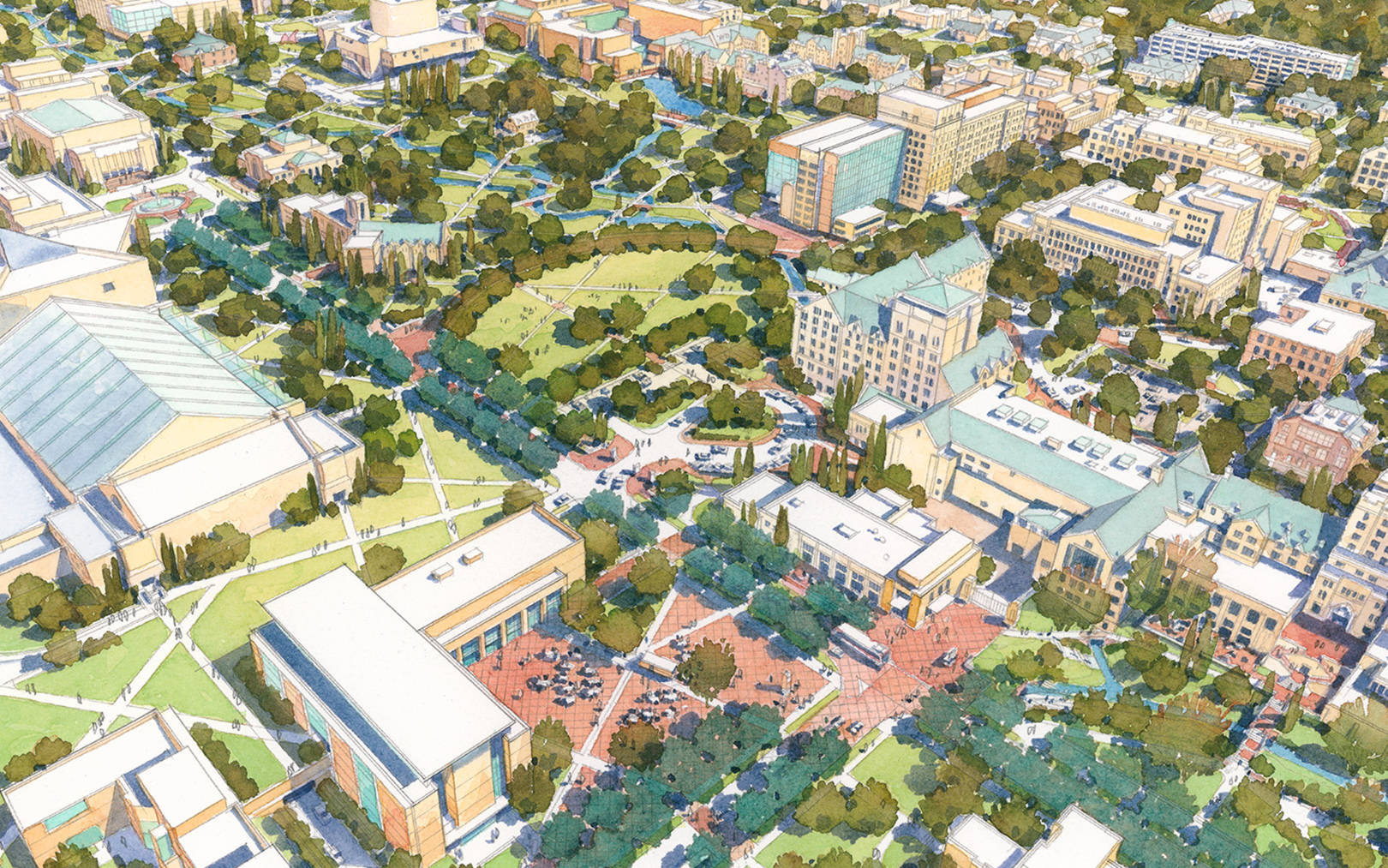 Indiana University Bloomington, campus art, aerial watercolor illustration, HD Desktop Wallpaper