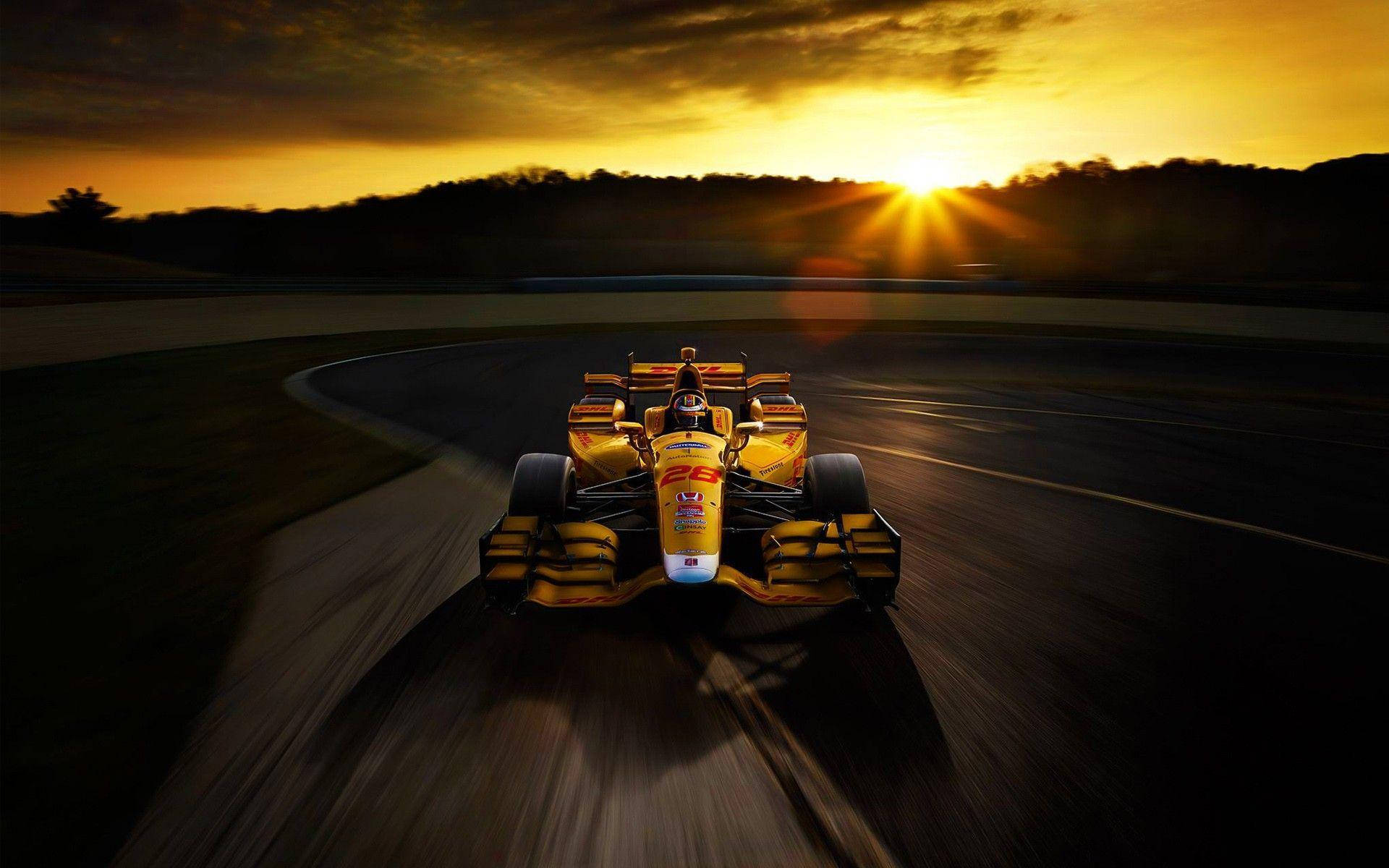 Indianapolis 500, yellow race car, sunset, Full HD Desktop Wallpaper