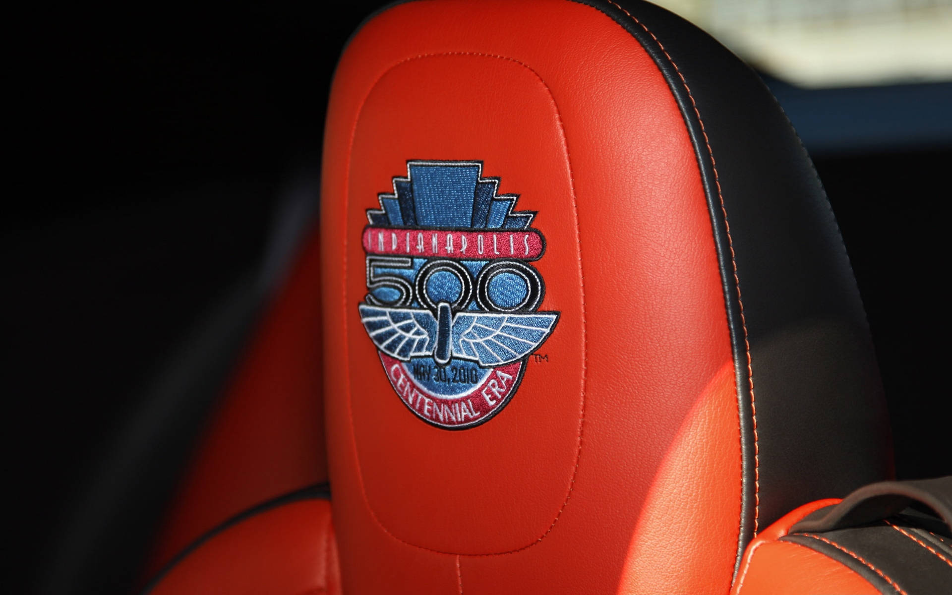 Indianapolis 500, red car seat headrest, blue and silver accents, Full HD Desktop Wallpaper