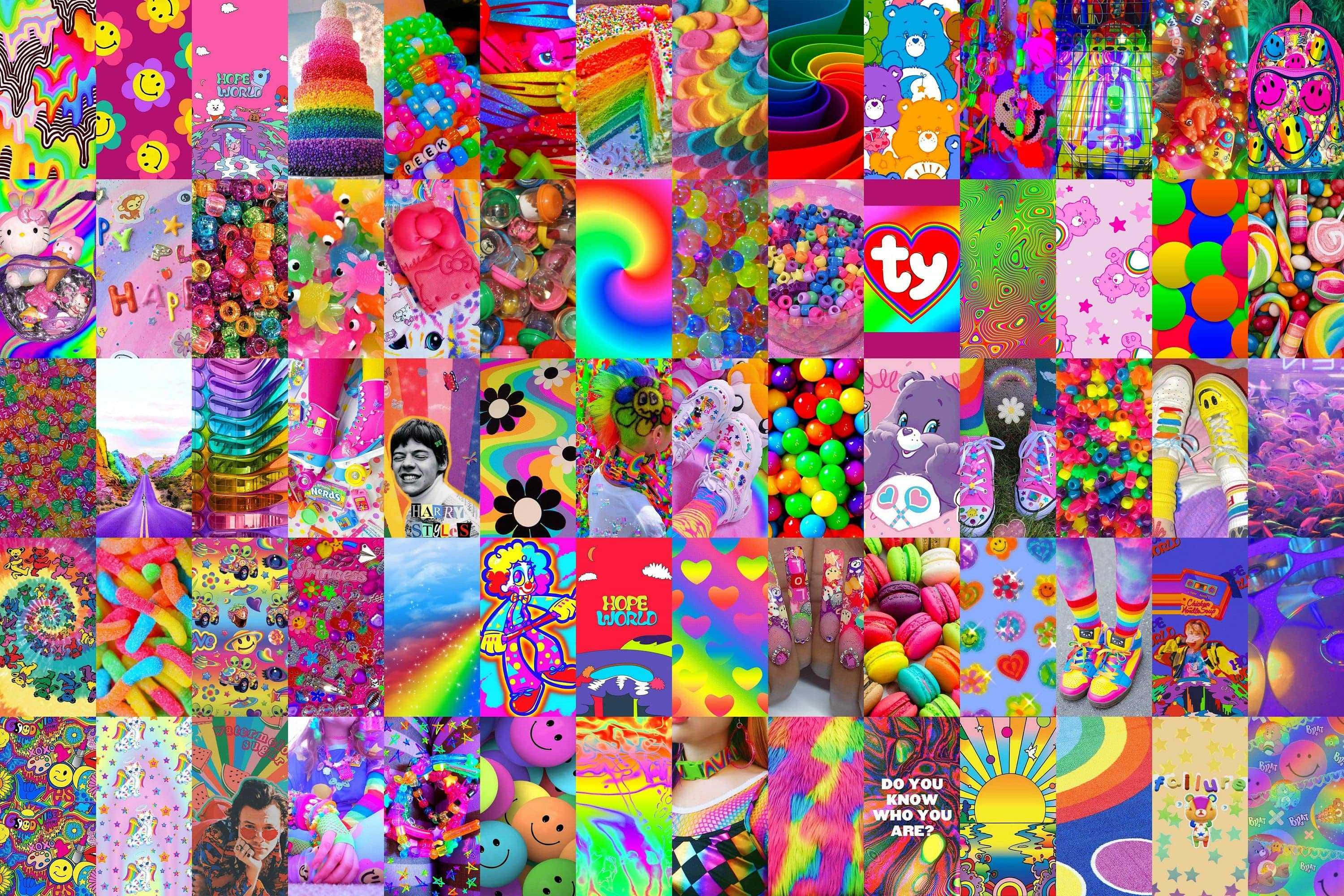 Indie Aesthetic Desktop, rainbow swirls, smiling faces, 2K Desktop Wallpaper