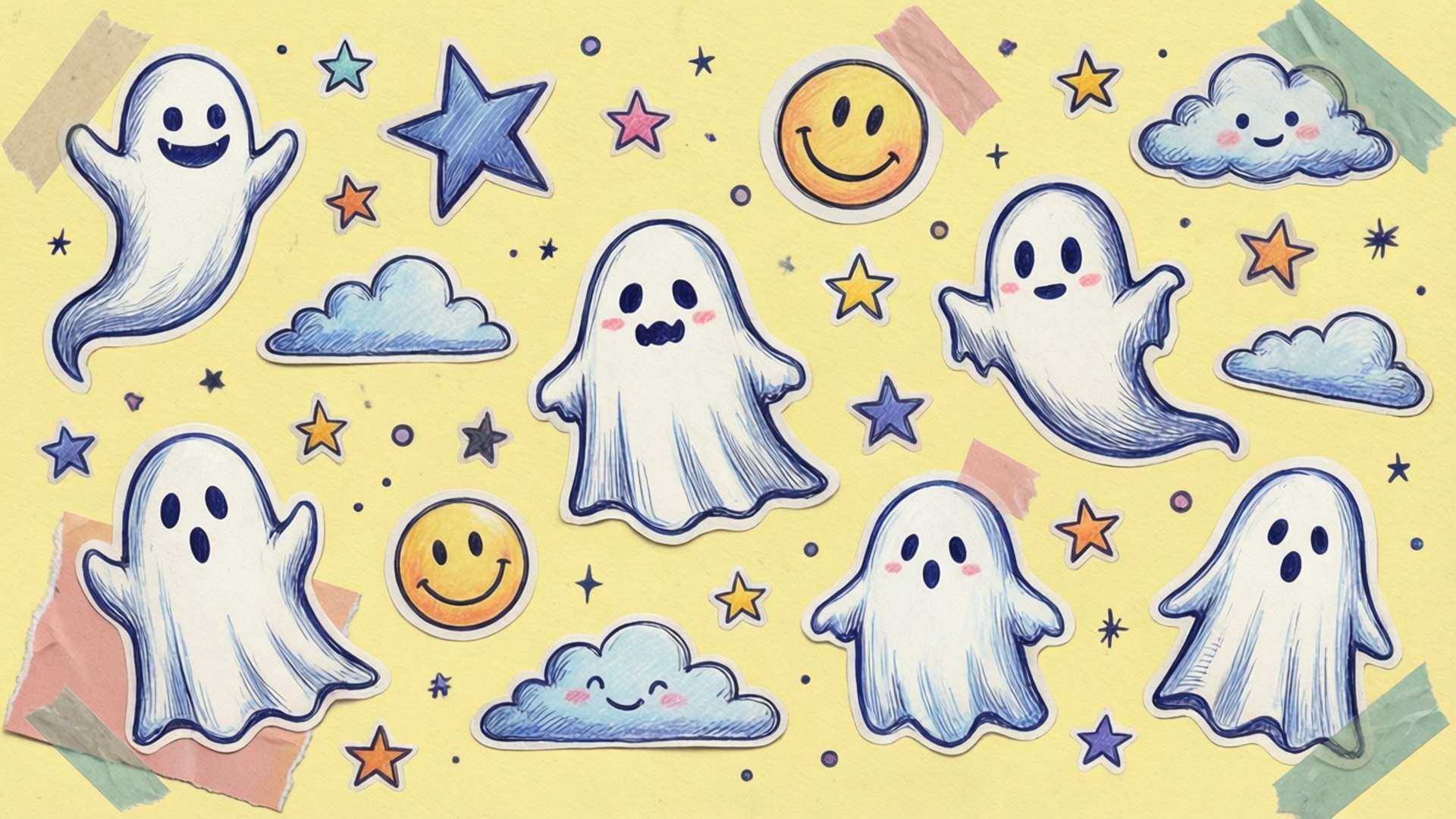 doodle collage art, cartoon ghosts, stars, Full HD Desktop Wallpaper