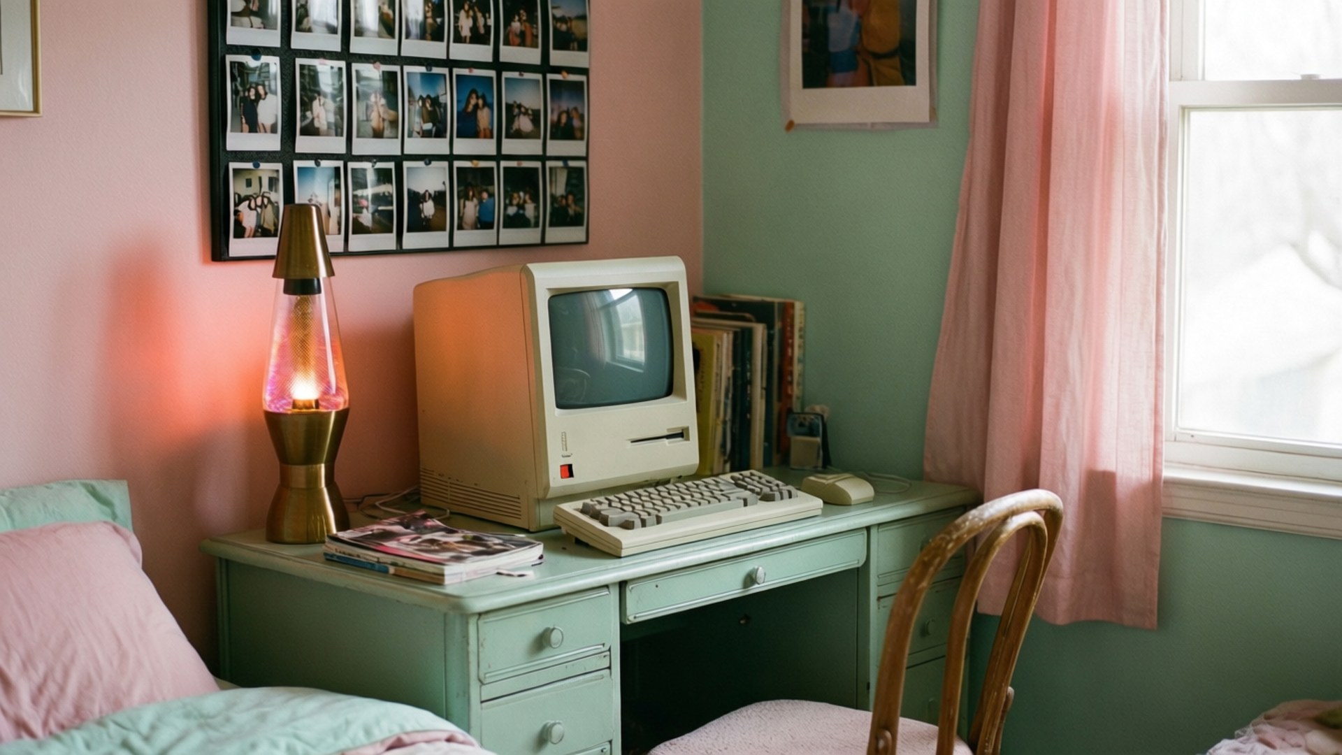 vintage bedroom desk, retro tech, pastel colors, Full HD Desktop Wallpaper