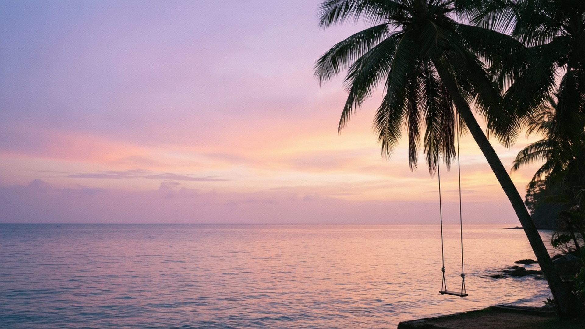 Pastel Sunset Swing, pastel sunset, palm trees, Full HD Desktop Wallpaper