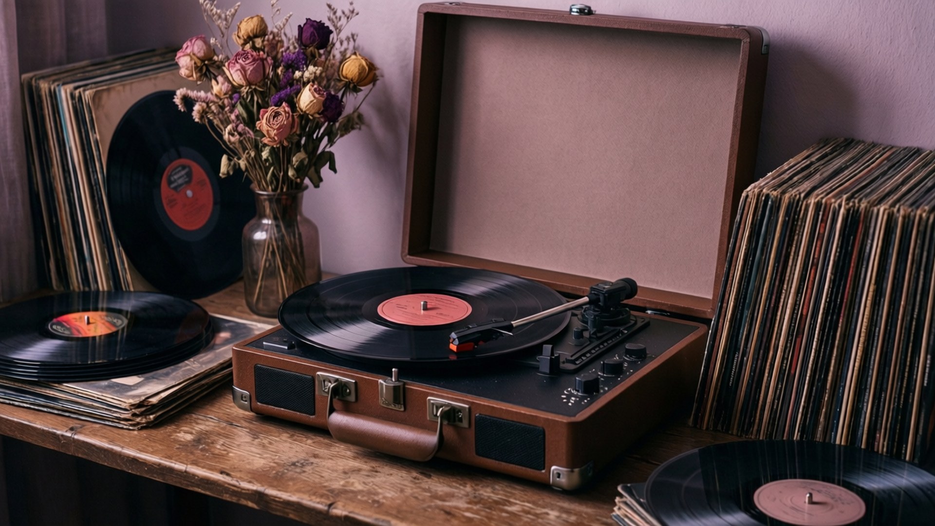 vintage suitcase-style record player, vinyl, wooden table, Full HD Desktop Wallpaper