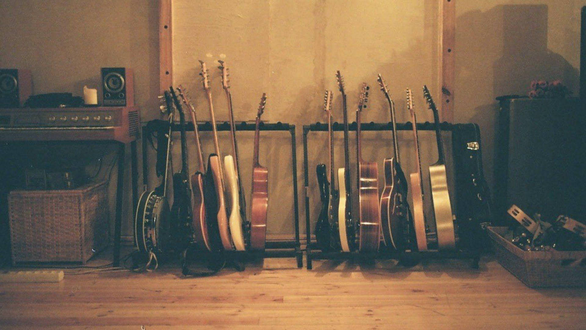 Indie Aesthetic Laptop, sepia filter, vintage guitars, Full HD Desktop Wallpaper