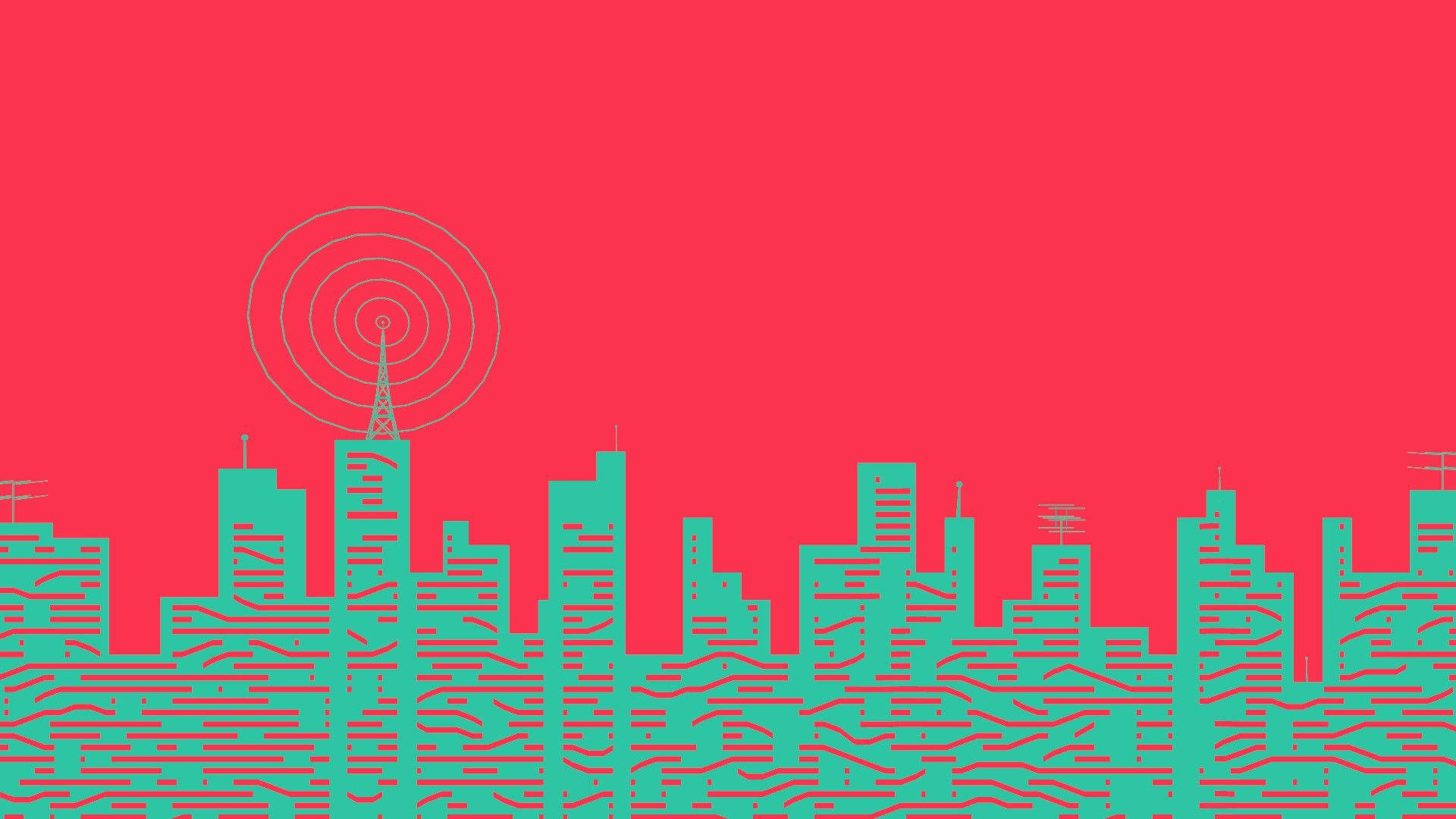 teal city skyline, radio tower, coral red background, Full HD Desktop Wallpaper
