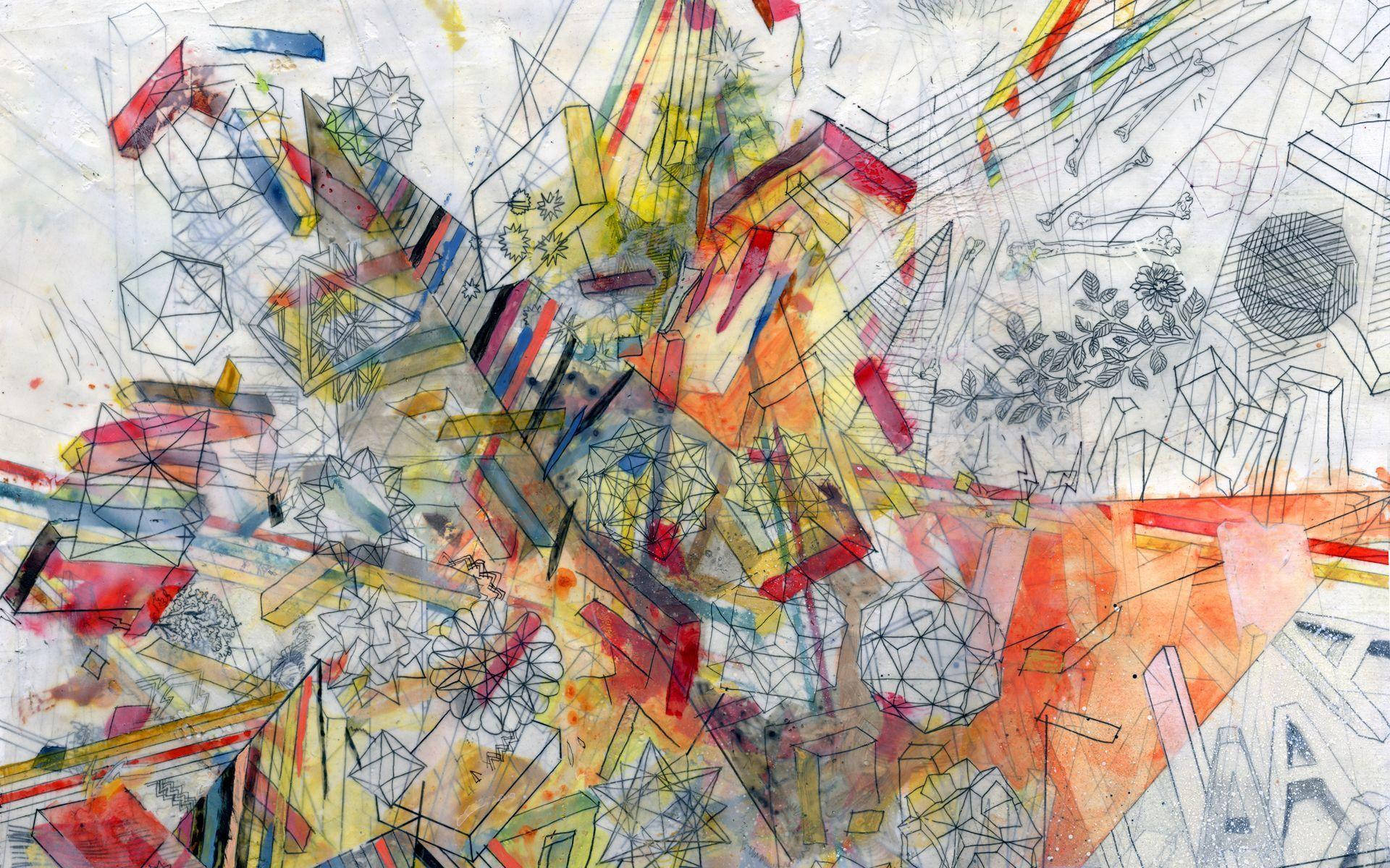 Indie Aesthetic Laptop, abstract geometric artwork, floral sketches, Full HD Desktop Wallpaper