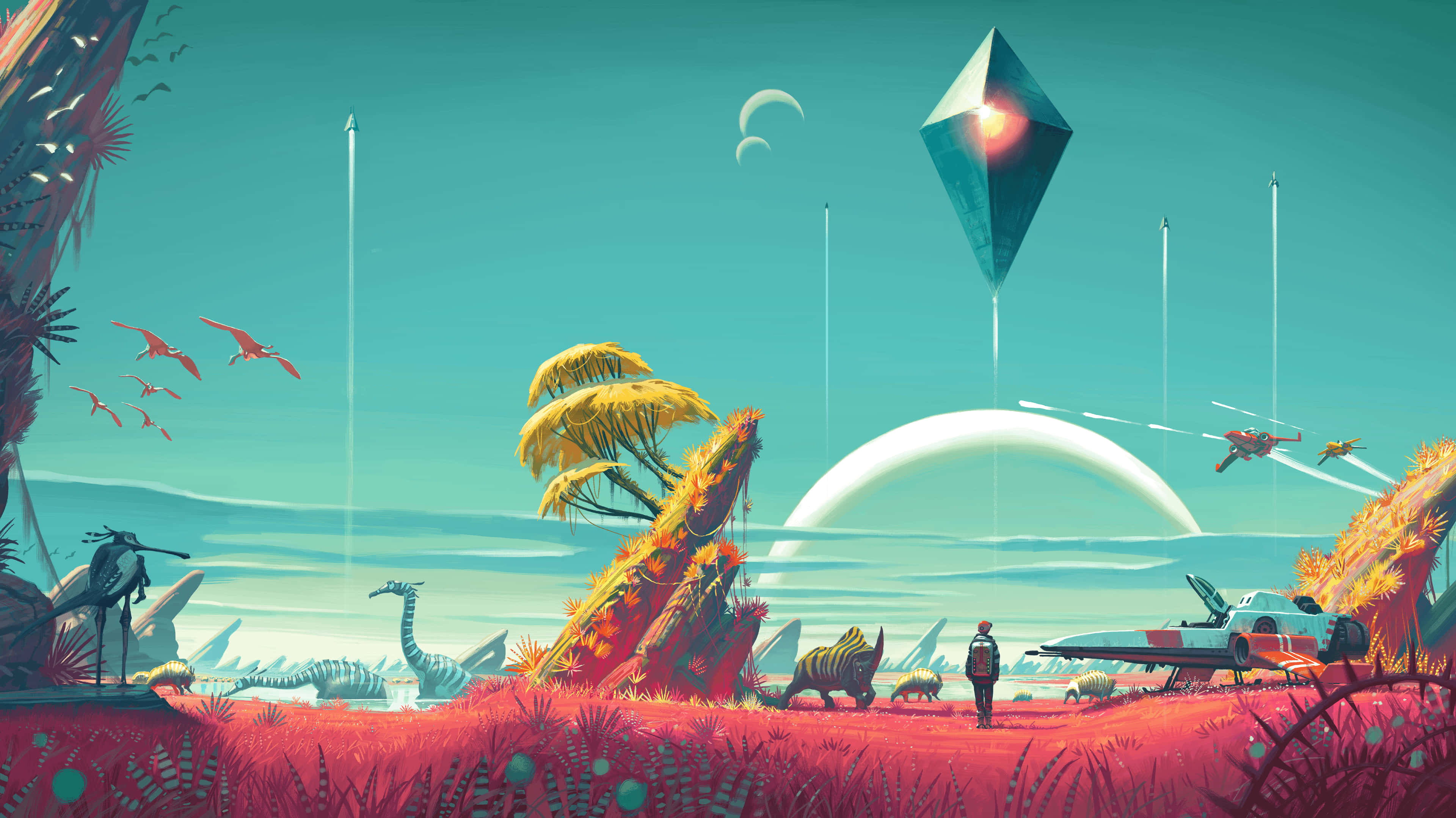 Indie Aesthetic Pc, red alien planet, dinosaurs, 4K Desktop Wallpaper