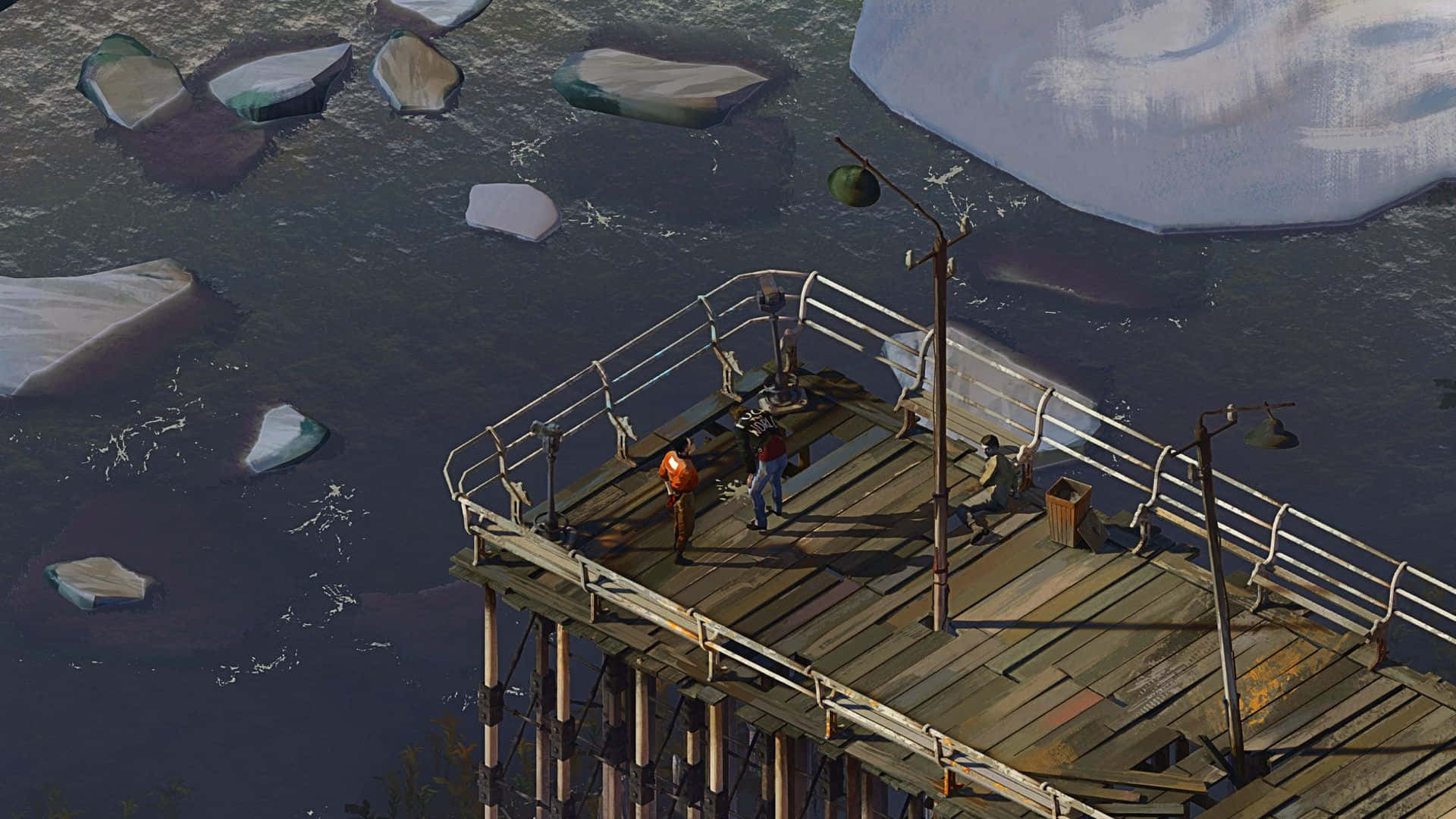 Indie Aesthetic PC, weathered wooden pier, floating ice chunks, Full HD Desktop Wallpaper