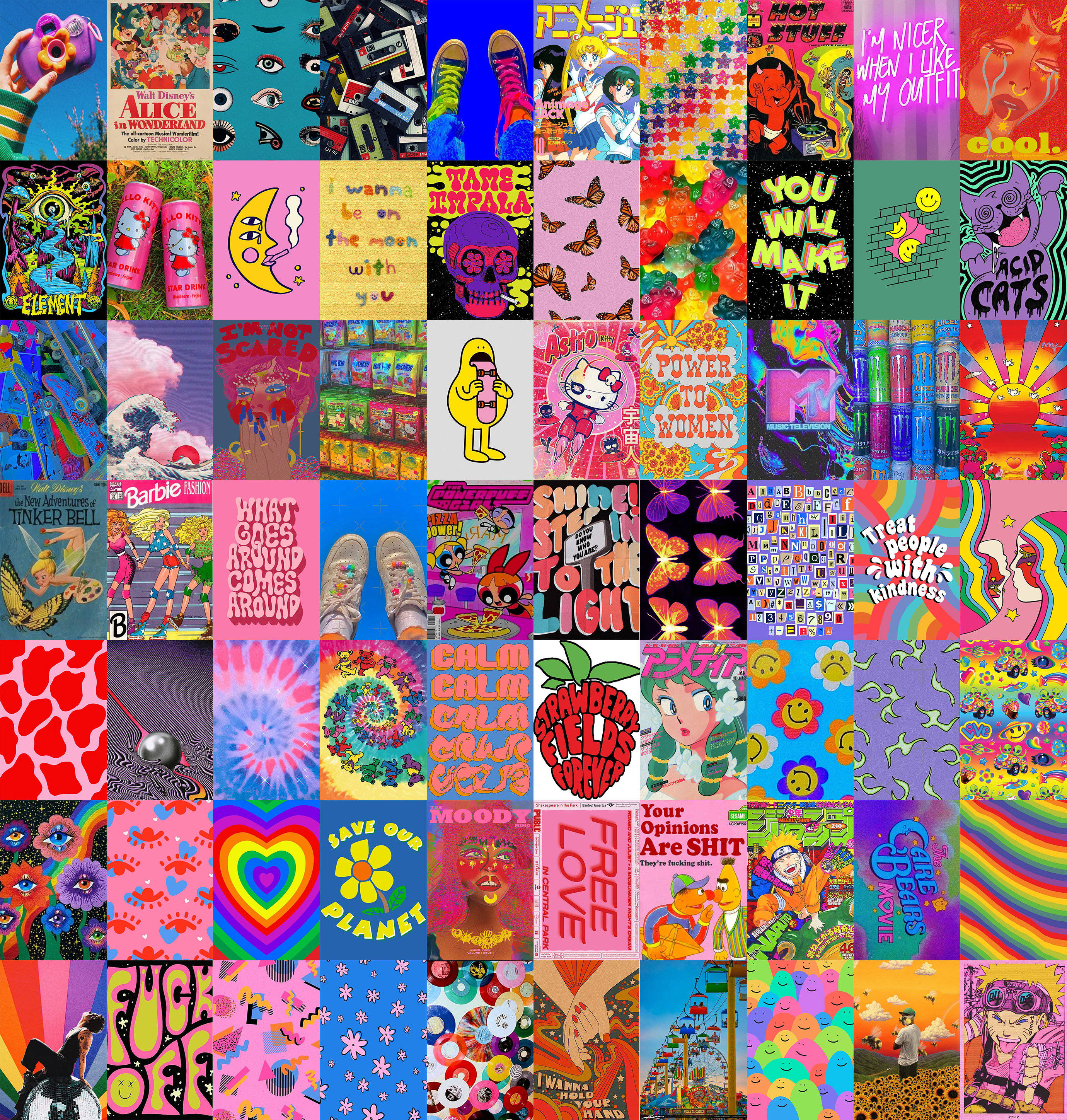 psychedelic pop art, anime characters, tie-dye, 2K Phone Wallpaper