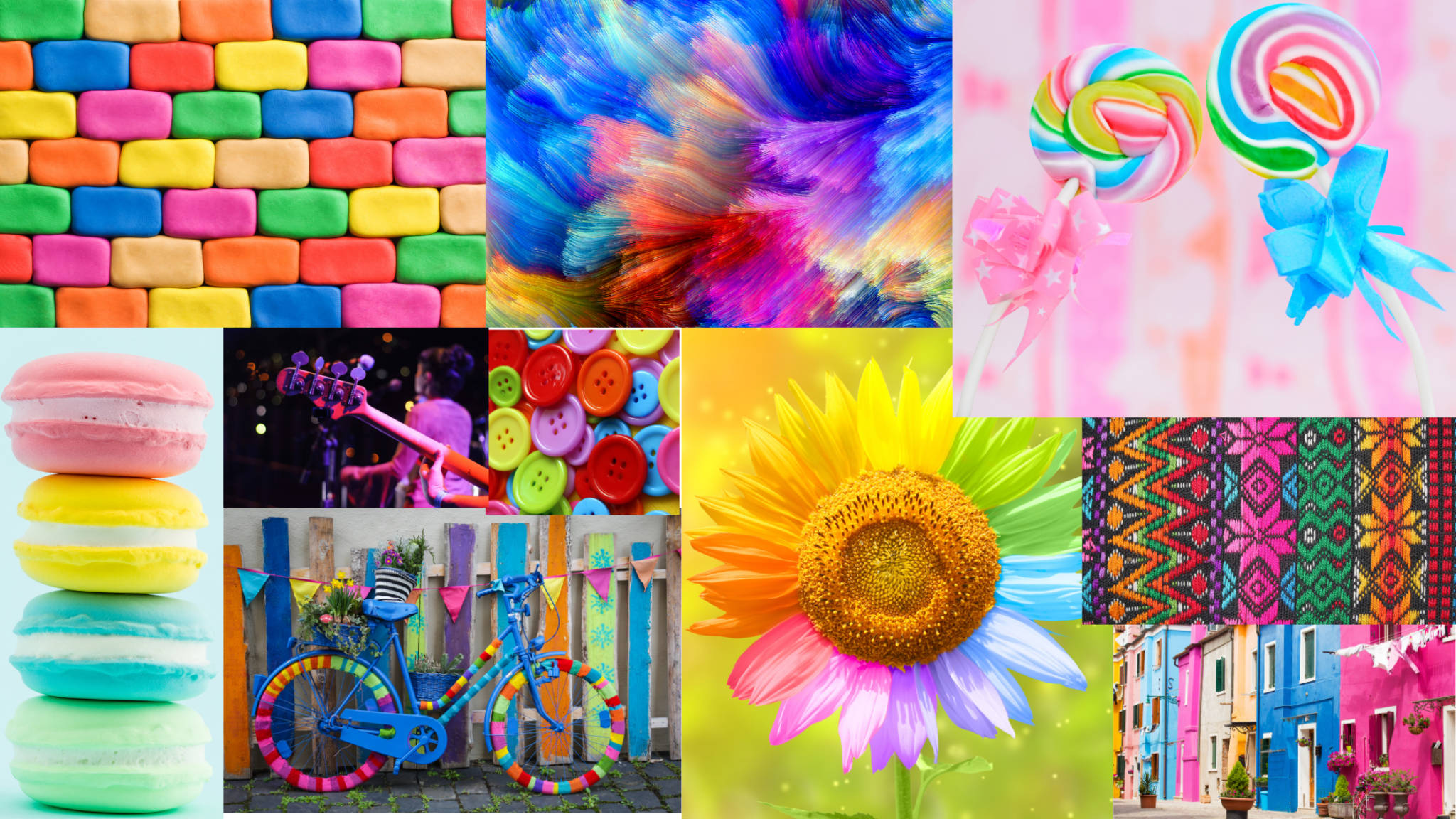 colorful candies, sunflower, rainbow buildings, Full HD Desktop Wallpaper