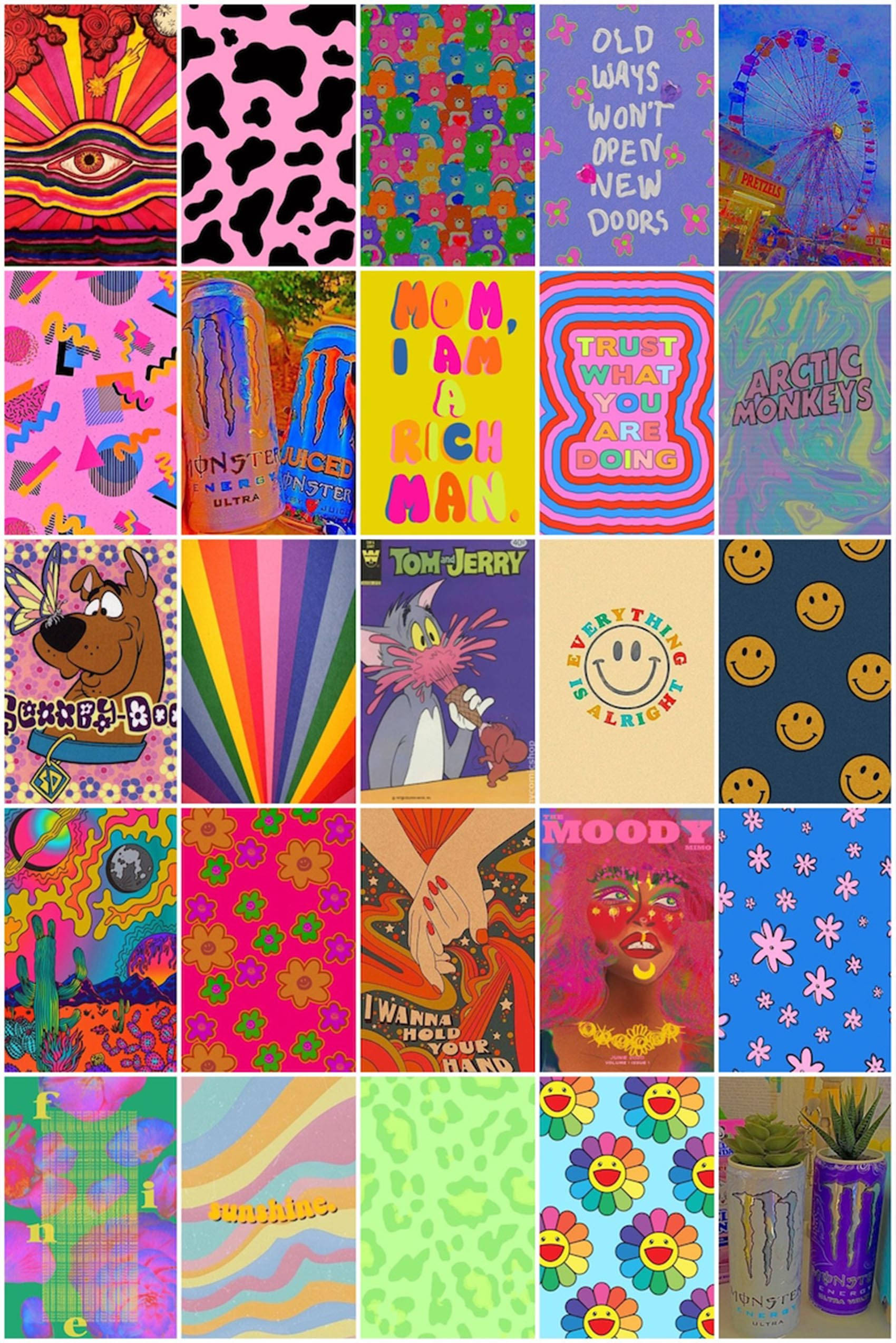 psychedelic pop art, cartoon characters, bold text, Full HD Phone Wallpaper