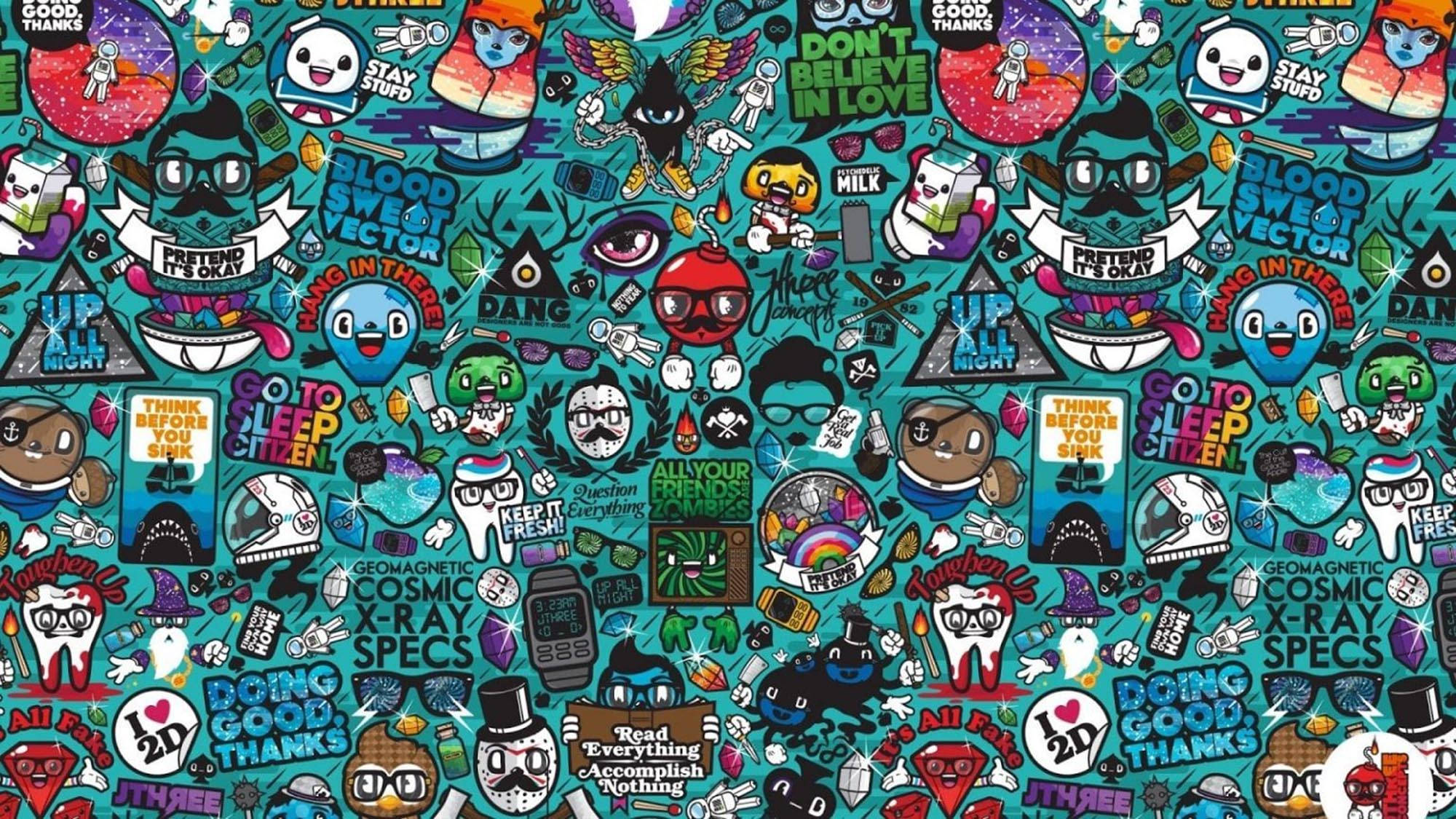 Indie Aesthetic, teal, cartoon characters, Full HD Desktop Wallpaper