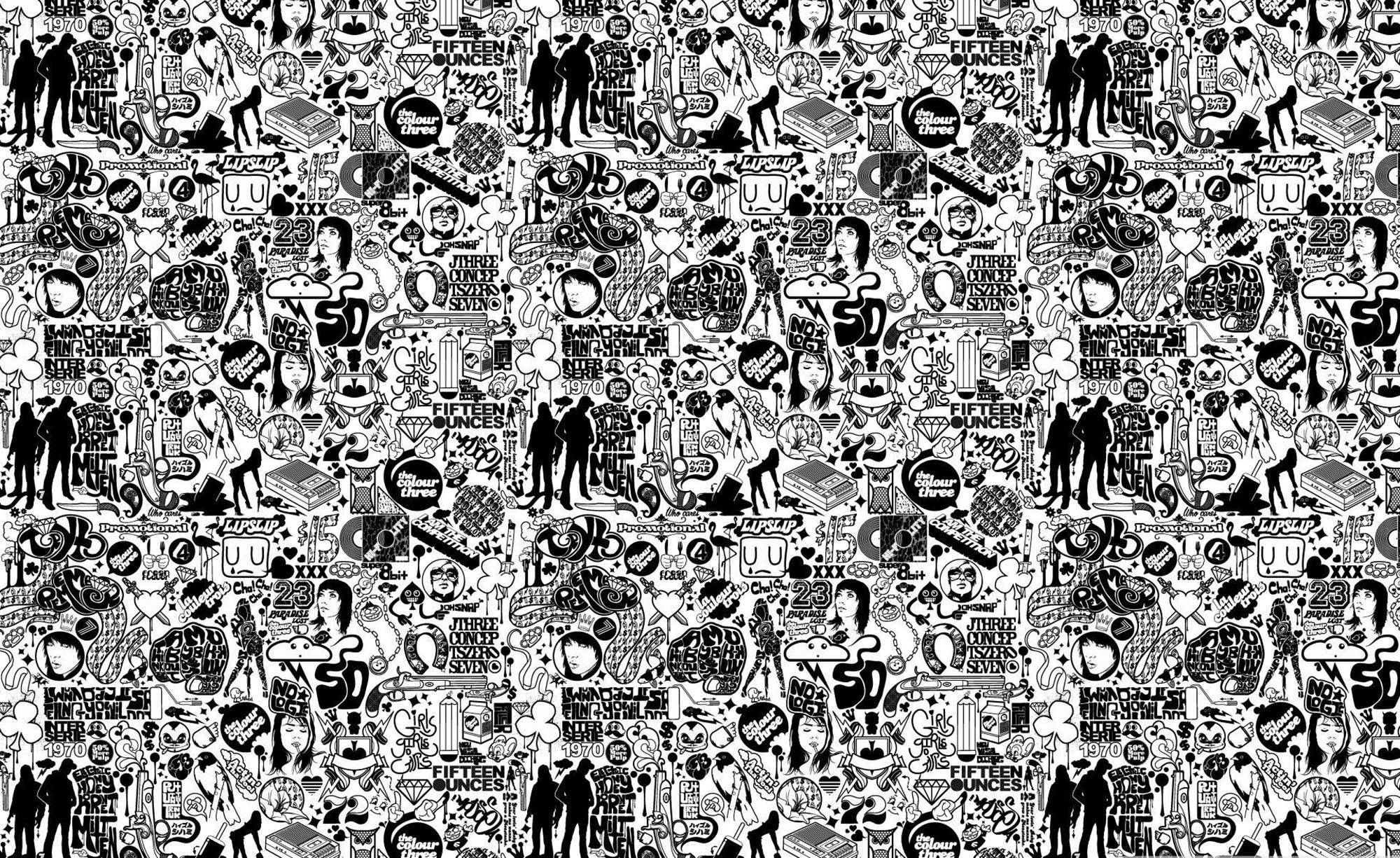monochrome indie aesthetic, black and white, repeating cartoonish doodles, Full HD Desktop Wallpaper