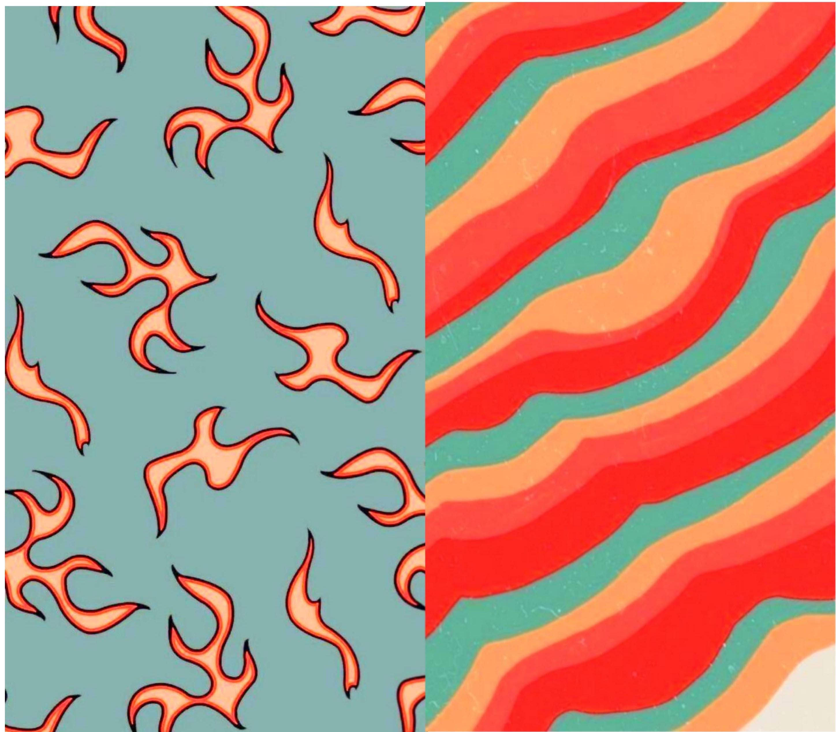 orange flame motifs, teal, wavy red orange teal stripes, 2K Desktop Wallpaper