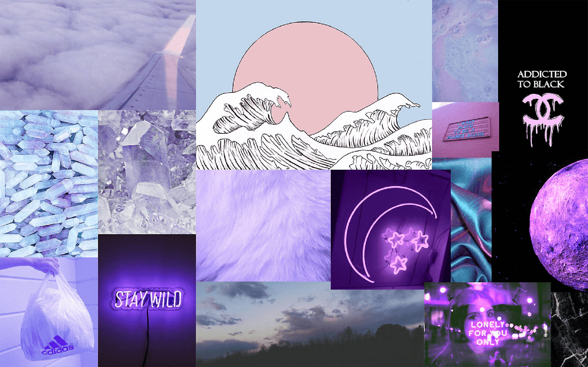 purple indie aesthetic, vibrant purple-themed collage, crystals, Full HD Desktop Wallpaper