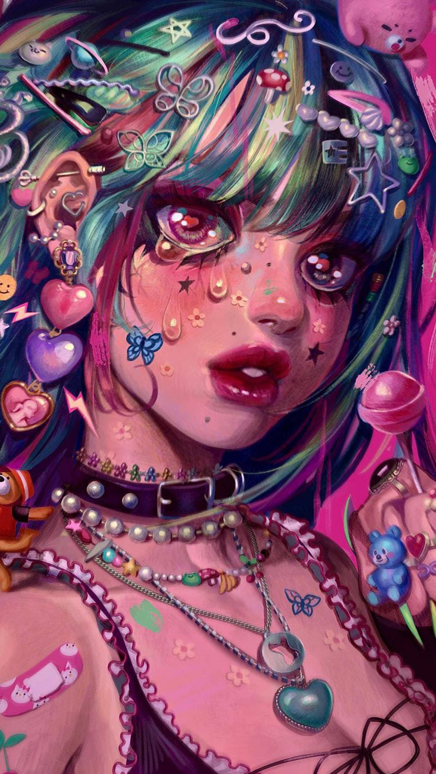 Indie Aesthetic, rainbow hair, glittering accessories, 2K Phone Wallpaper