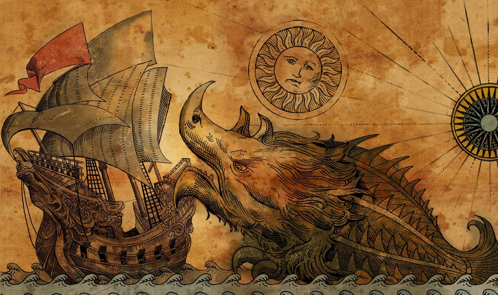 indie desktop, sailing ship, monstrous sea serpent, HD Desktop Wallpaper