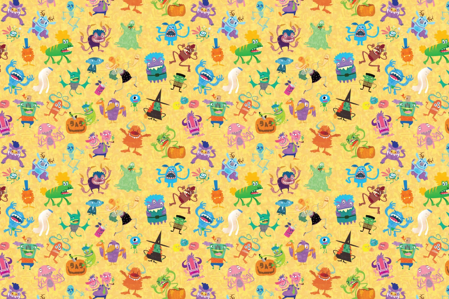 Vibrant Indie Desktop, Halloween pattern, colorful cartoon monsters, HD Desktop Wallpaper